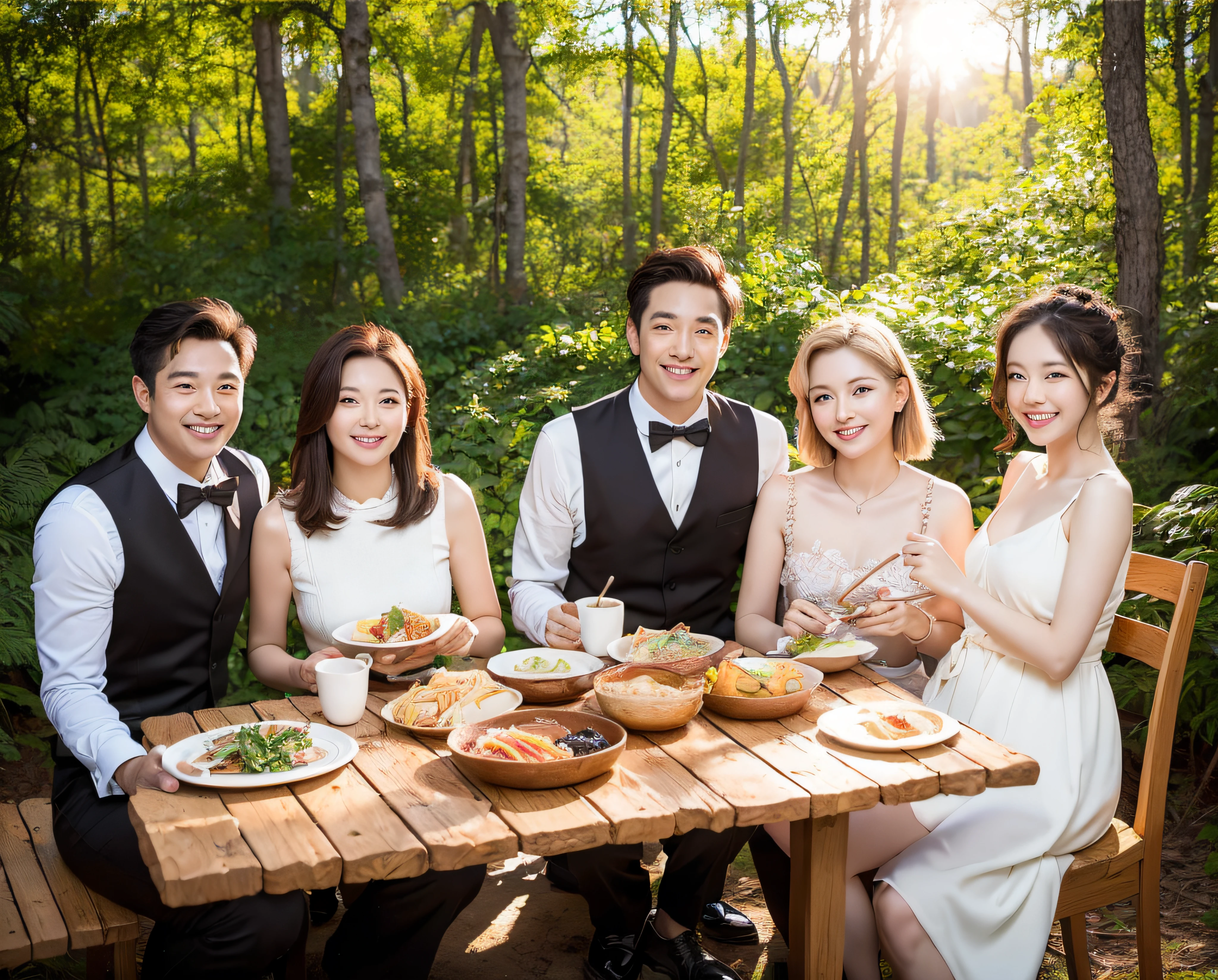 (best quality,masterpiece:1.2),(realistic,photo-realistic:1.37), group photo contains handsome man, beautiful woman and cute child boy with cute child girl, bright forest background, ((((full body: 1.2)))), (smile:1.15), beautiful detailed eyes, eating noodles together at restaurant.