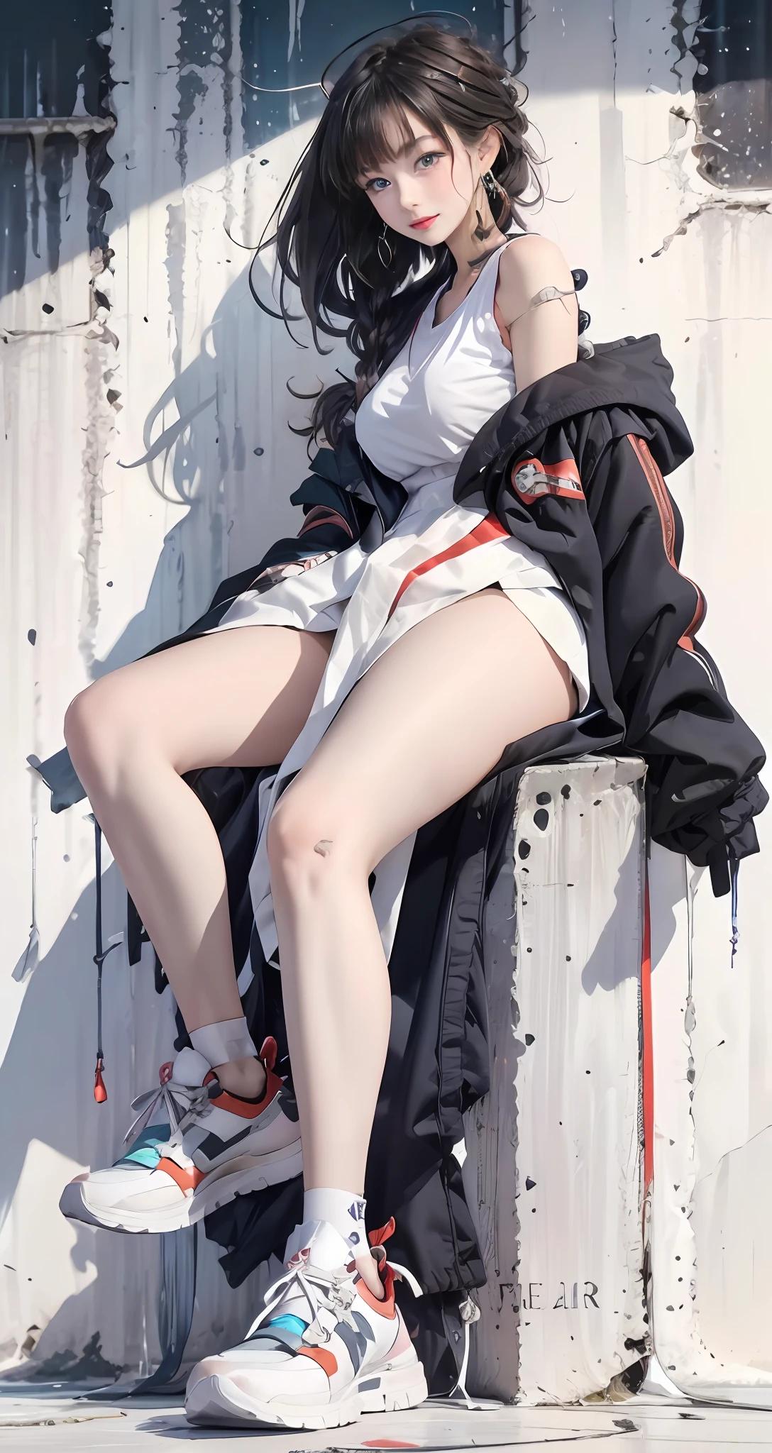 1girll, 独奏,Sat down, looking at viewert,floated hair,wind coat, Red, White and gray clothes,Red details,a skirt, Leaky shoulders,Korean style photo photos,jewely, athletic sneakers, short detailed hair, 耳Nipple Ring, brunette color hair, full bodyesbian, White socks,Extremely colorful,(Plain white background with a little simple colored background 1:1.4)