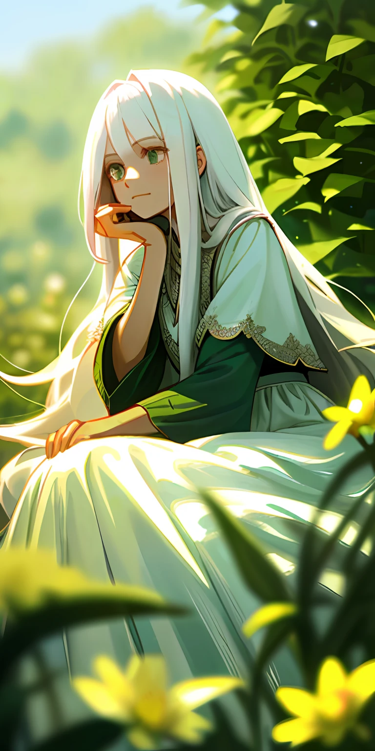 (masterpiece, best quality),1girl with long white hair sitting in a field of green plants and flowers, her hand under her chin, warm lighting, white dress, blurry foreground
