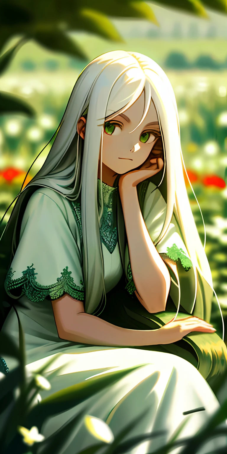 (masterpiece, best quality),1girl with long white hair sitting in a field of green plants and flowers, her hand under her chin, warm lighting, white dress, blurry foreground