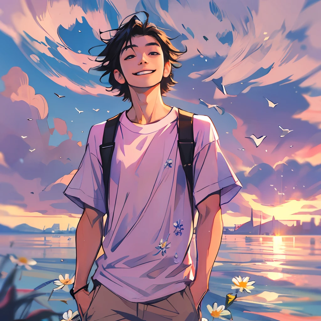 A boy with,Sunny and cheerful,Handsome,with short black hair,Wearing a white T-shirt,The T-shirt has a small daisy print on it,smiling and looking into the camera。The sunlight shines on his face,The hair is blown by the wind,The background is the sea,Pink-purple sky。Please draw this scene in Miyazaki's style。