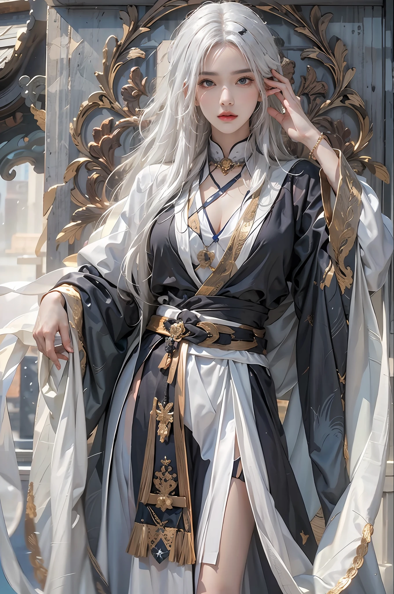 photorealistic, high resolution, 1women, solo, hips up, look at viewer, (detailed face), white hair, long hair, Taoist robe,oversized clothes, jewelry