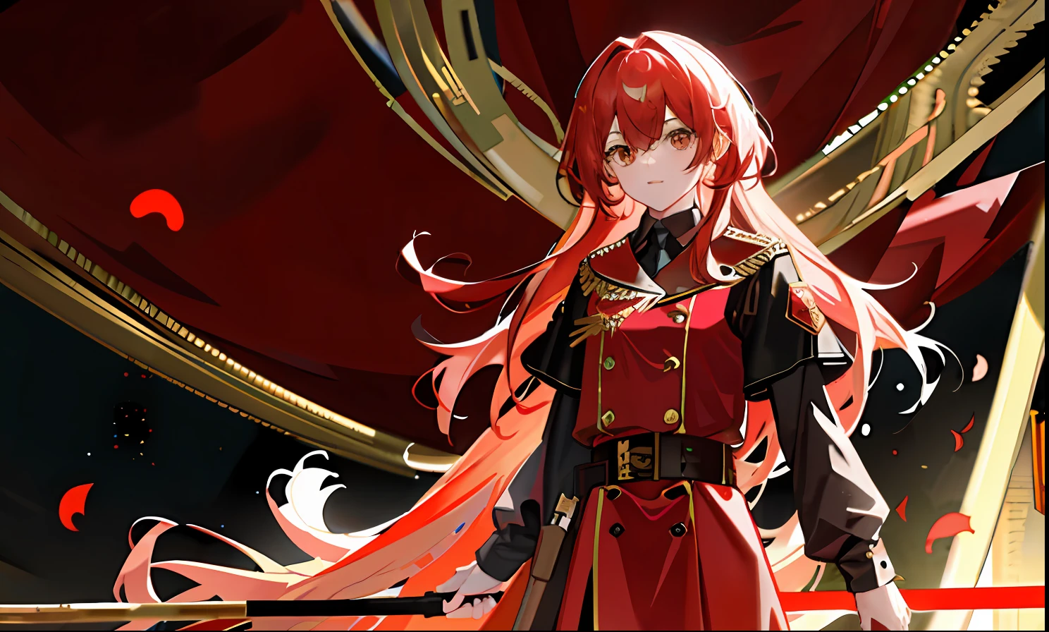 1girll, flag of Soviet Union,red tinted hair ,Golden eyes,Red Army robes,Gold accents,divino,gold light,Domineering,One hand crosses the waist