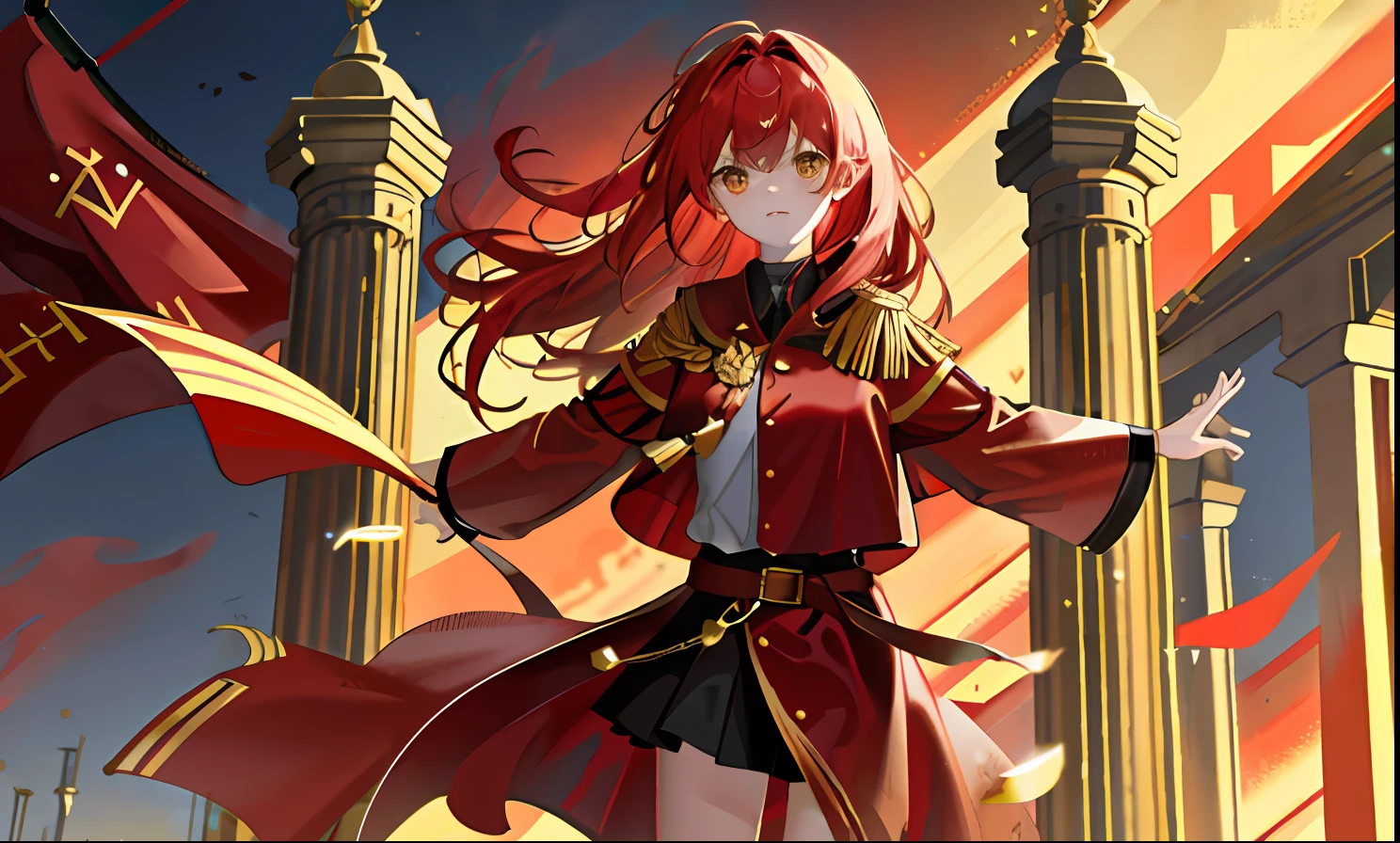 1girll, flag of Soviet Union，red tinted hair ，Golden eyes，Red Army robes，Gold accents，divino，gold light，Domineering，One hand crosses the waist