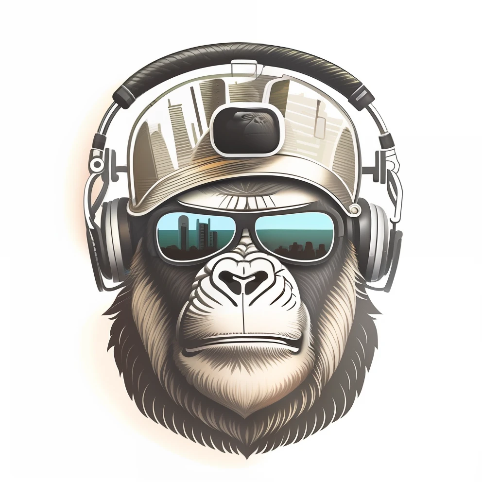 a close up of a gorilla wearing headphones and a helmet, bored ape nft, inspired by Alex Petruk APe, bored ape, like gorilla, high quality artwork, monkey, in style of primal apes, cool face, extremely high quality artwork, by Alex Petruk APe, bored ape yacht club, looking heckin cool and stylish, grumpy gorilla