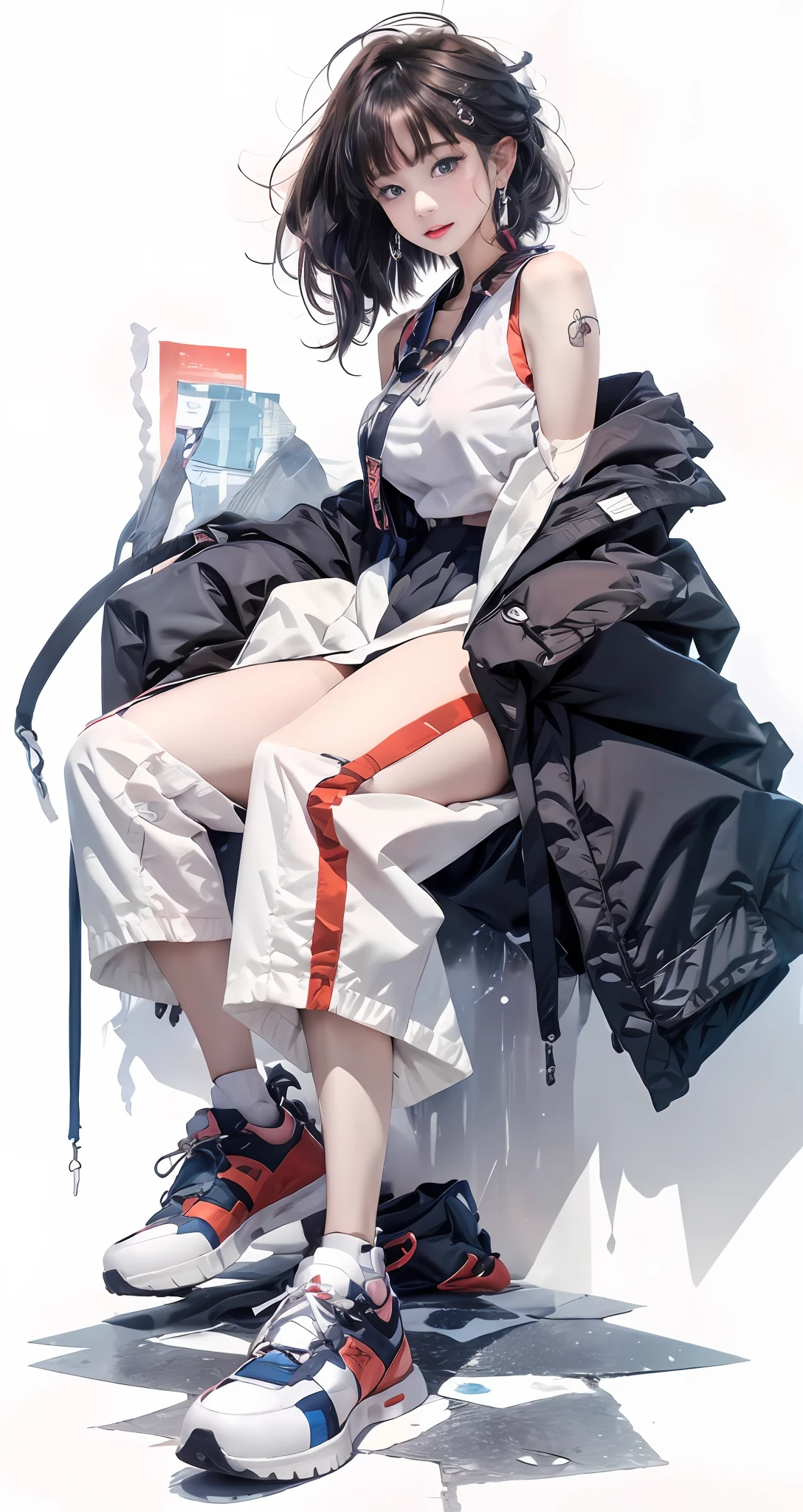 1girll, 独奏,Sat down, looking at viewert,floated hair,wind coat, Red, White and gray clothes,Red details,a skirt, Leaky shoulders,Korean style photo photos,jewely, athletic sneakers, short detailed hair, 耳Nipple Ring, brunette color hair, full bodyesbian, White socks,Extremely colorful,(Plain white background with a little simple colored background 1:1.4)