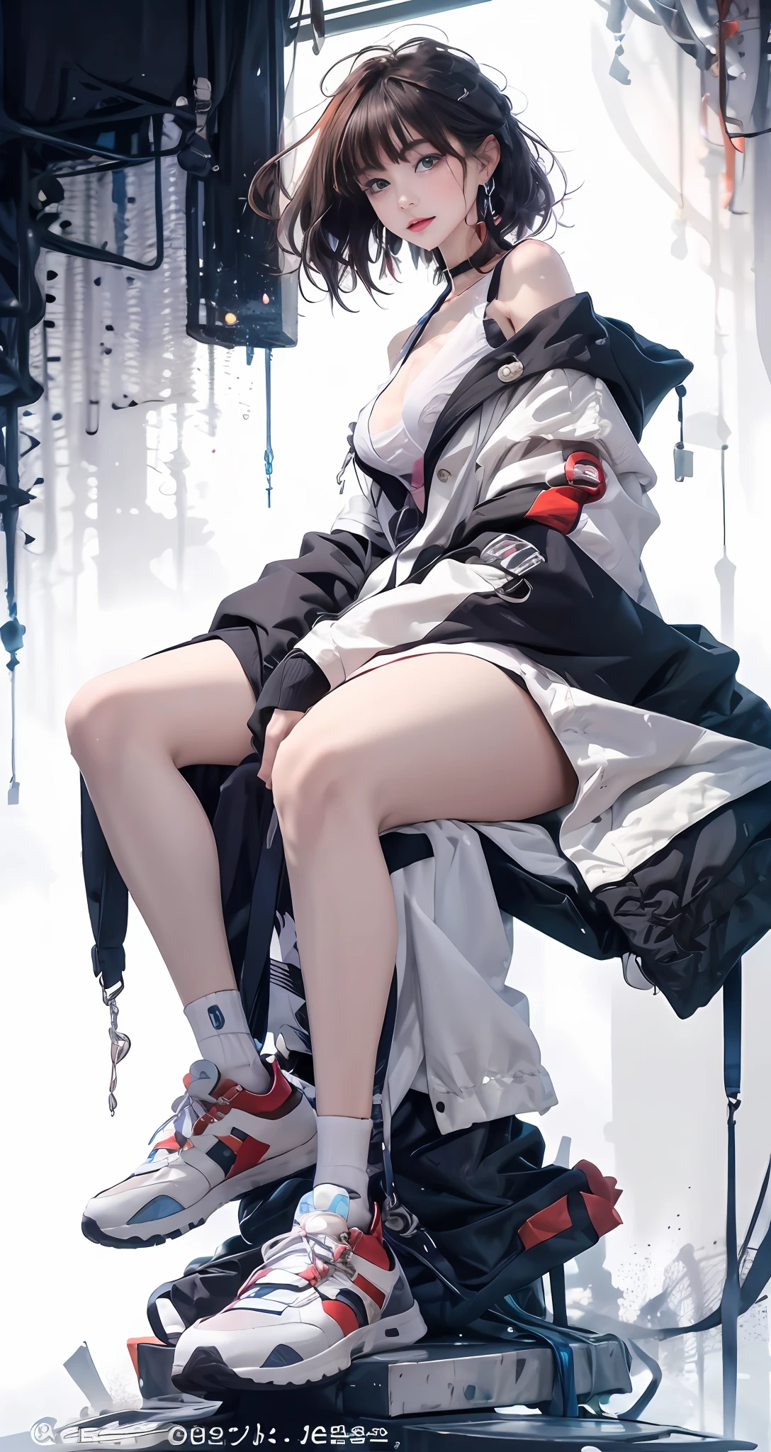 1girll， 独奏，Sat down， looking at viewert，floated hair，wind coat， Red, White and gray clothes，Red details，a skirt， Leaky shoulders，Korean style photo photos，jewely， athletic sneakers， short detailed hair， 耳Nipple Ring， brunette color hair， full bodyesbian， White  socks，Extremely colorful，（Plain white background with a little simple colored background 1：1.4）