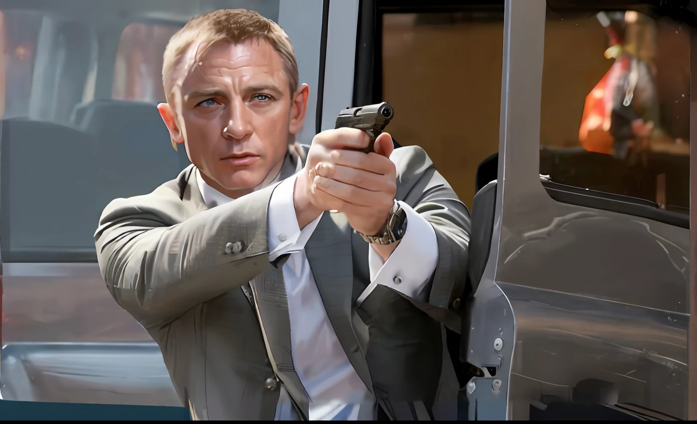 Alafed man in suit with gun in courtyard, James Bond film stills, still photo of james bond, Putin: James Bond 0 0 7, Daniel Craig, Pierce Brosnan: James Bond, James Bond, action movie still, in an action pose, drenching, Classic Bond Iconic Shots, movie action still frame, Henry Cavill: James Bond
