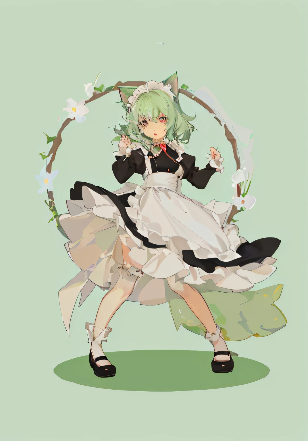Anime characters wearing maid dresses,Wearing a hoop of flowers, anime cat girl in a maid costume, a maid in a magical forest, loli in dress, Loli, anime girl in a maid costume, touhou character, cosplay of a catboy! maid! dress, lollipop, Maid outfit, Maid dress, the non-binary deity of spring