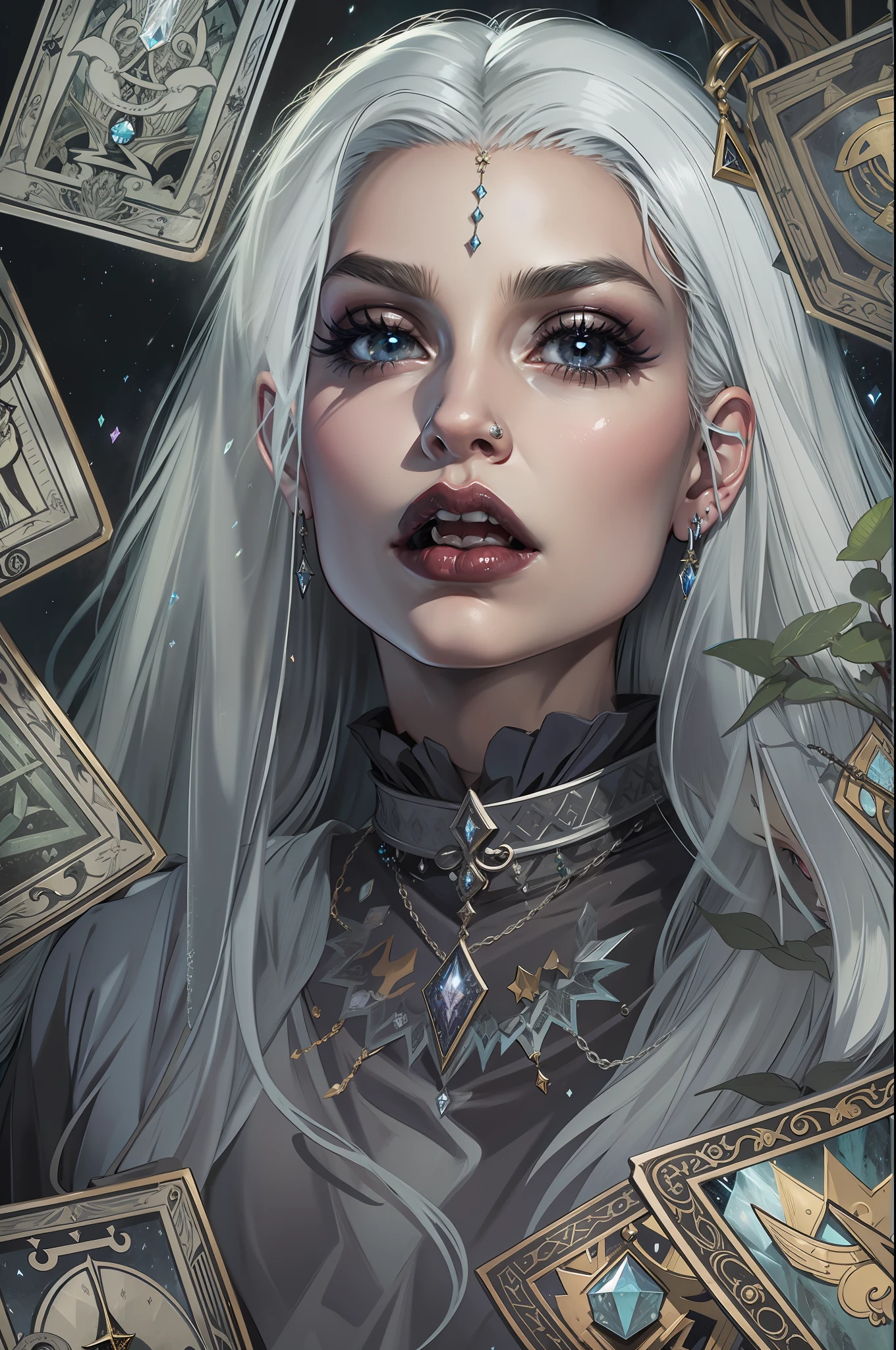 Mystery Witch uses tarot cards for divination, silver hair, mouth veil, crystal earrings, puckered lips, jitome, evil, Surrealism, retina, HD