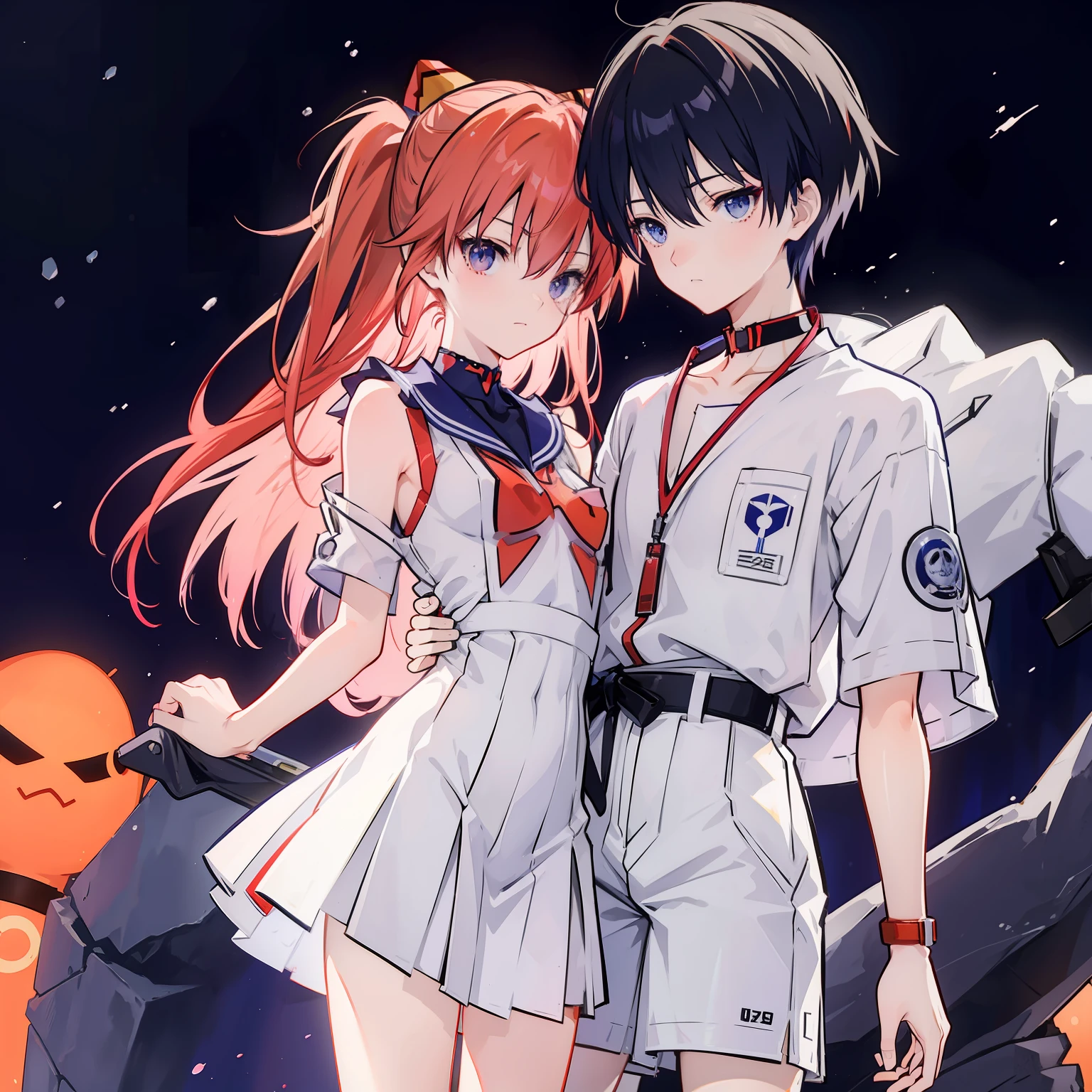 (Asuka Langley)with  the(Shinji Ikari)、Only one couple is depicted、Neon Genesis Evangelion、校服、The two are lovers、Japan junior high school students、simple background、a sailor suit