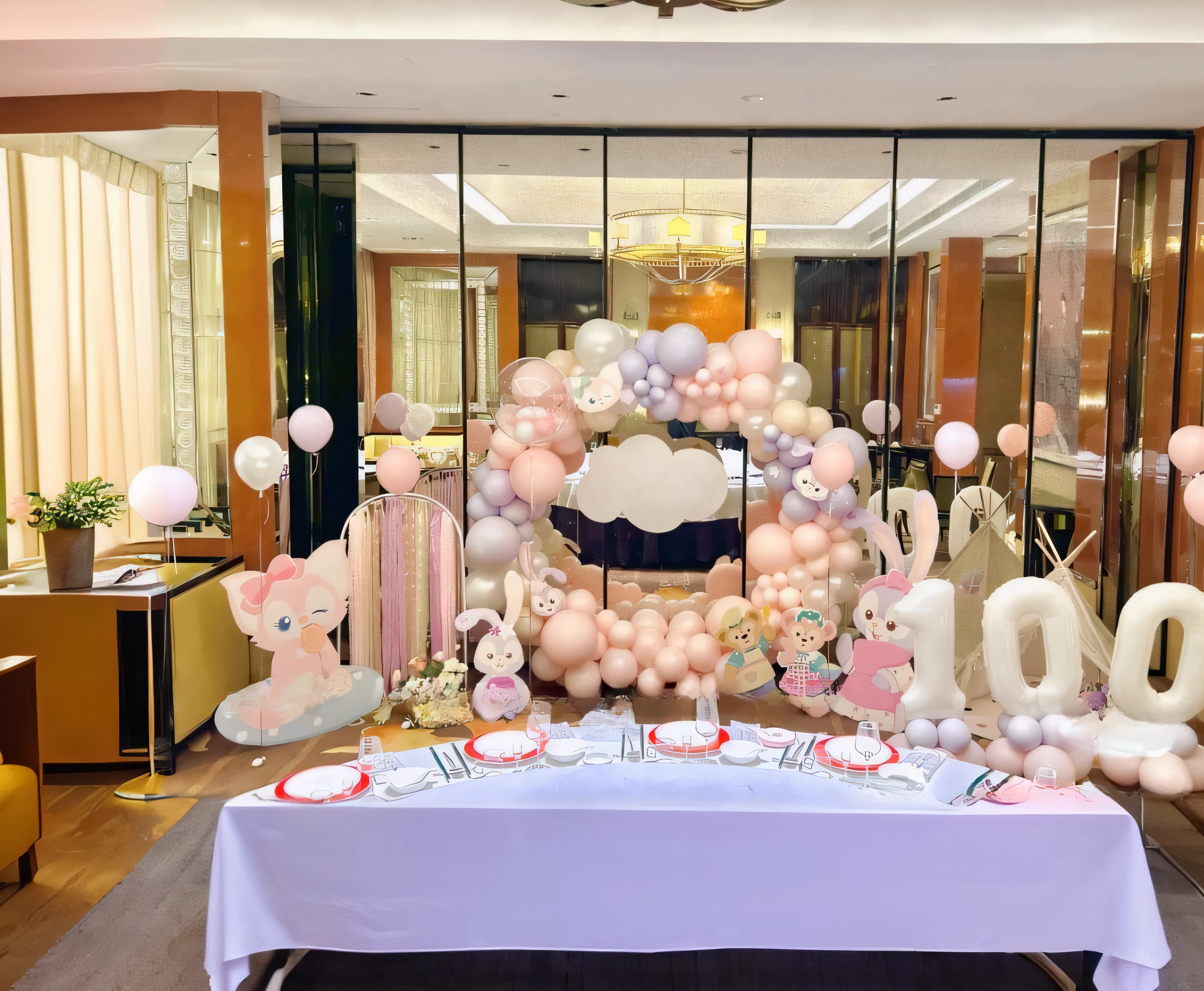 a birthday party installation was built,The cartoon painting panel serves as the background decoration,Simple,clean,concise,yet playful atmosphere,real,(realistic),super detailed,(full detail),an abstract distorted view of a slanted plate surrounded by water,in the style of light pink,minimalist stage designs,rounded torms,hazy,lee broom,Luminism,cinematic lighting,wide shot,retina,best quality,award winning,(masterpiece),(high quality),8k,barbie interior design,Plastic material,knolling