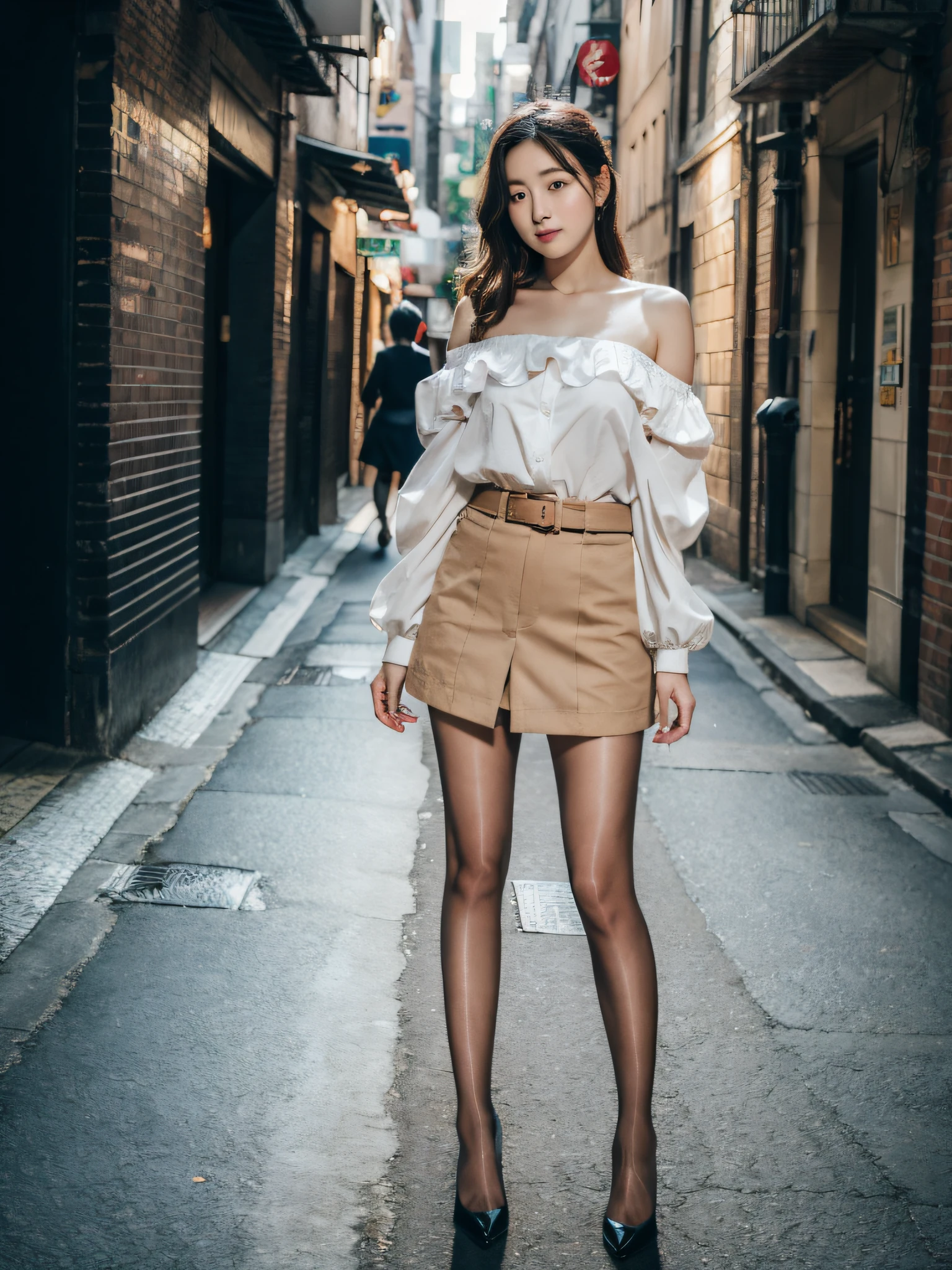 ,(RAW photo:1.2), (Photorealistic:1.4), Beautiful Meticulous Girl, very detailed eyes and faces, Beautiful detailed eyes, ultra - detailed, A high resolution, The is very detailed,best qualtiy,tmasterpiece,The shirt,a skirt,illustratio,The is very detailed,unified,8k 壁纸,finely detailled,tmasterpiece,best qualtiy,Unity8k wallpapers,light in face,cinmatic lighting, 1girll, ,(Camel toes),(full bodyesbian),are standing,an off-the-shoulder top,鎖骨,Bigchest,black short skirt,black lence stockings,high-heels,the street,城市