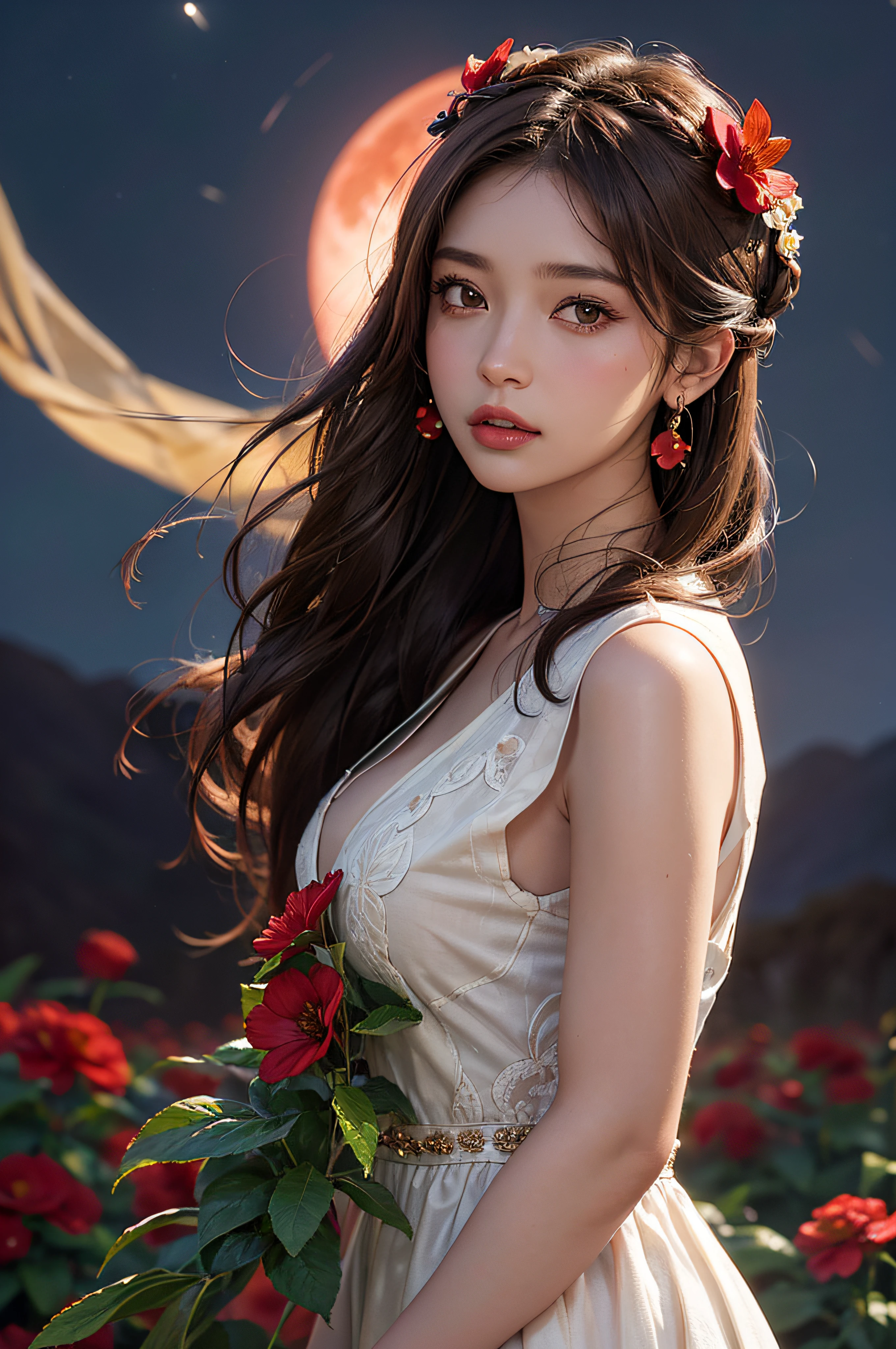 1girl, blurry, blurry_background, brown_eyes, brown_hair, depth_of_field, earrings, flower, full_moon, hair_flower, hair_ornament, lips, looking_at_viewer, moon, moonlight, night, night_sky, outdoors, red_flower, red_moon, sky, solo