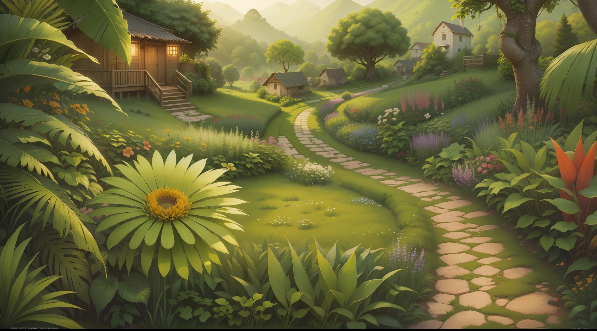 From a distance there is a long path,There is a small village,Small jungle around,Green grass,There are a small number of flowers and plants in front of the screen,The is very detailed,best qualtiy