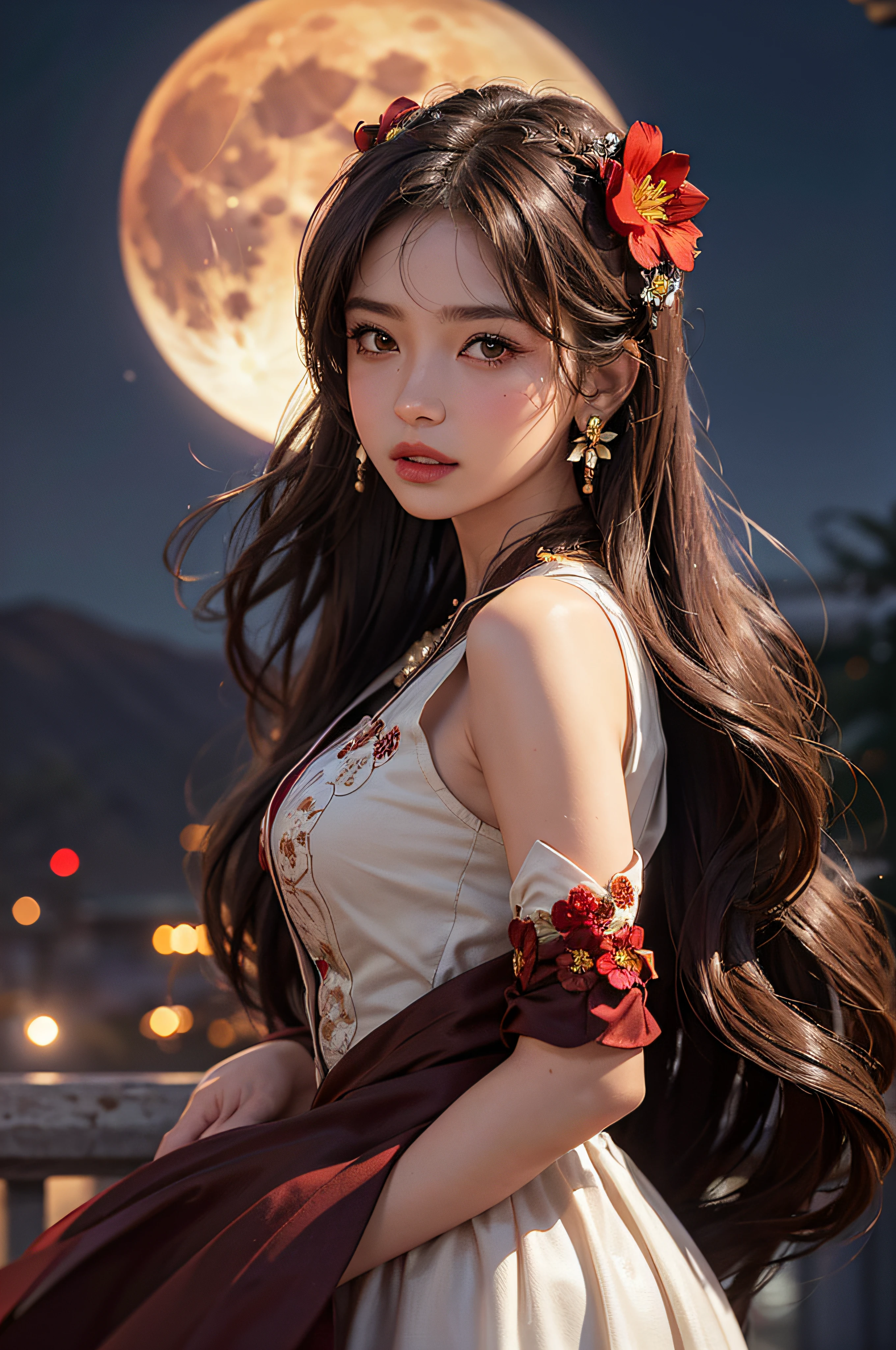 1girl, blurry, blurry_background, brown_eyes, brown_hair, depth_of_field, earrings, flower, full_moon, hair_flower, hair_ornament, lips, looking_at_viewer, moon, moonlight, night, night_sky, outdoors, red_flower, red_moon, sky, solo