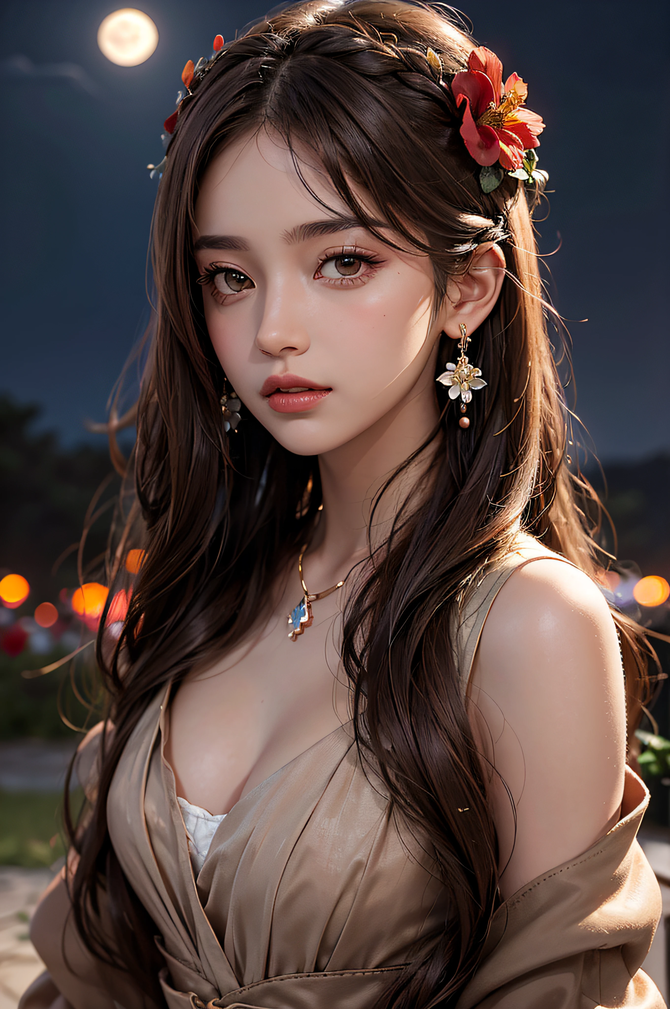 1girl, blurry, blurry_background, brown_eyes, brown_hair, depth_of_field, earrings, flower, full_moon, hair_flower, hair_ornament, lips, looking_at_viewer, moon, moonlight, night, night_sky, outdoors, red_flower, red_moon, sky, solo