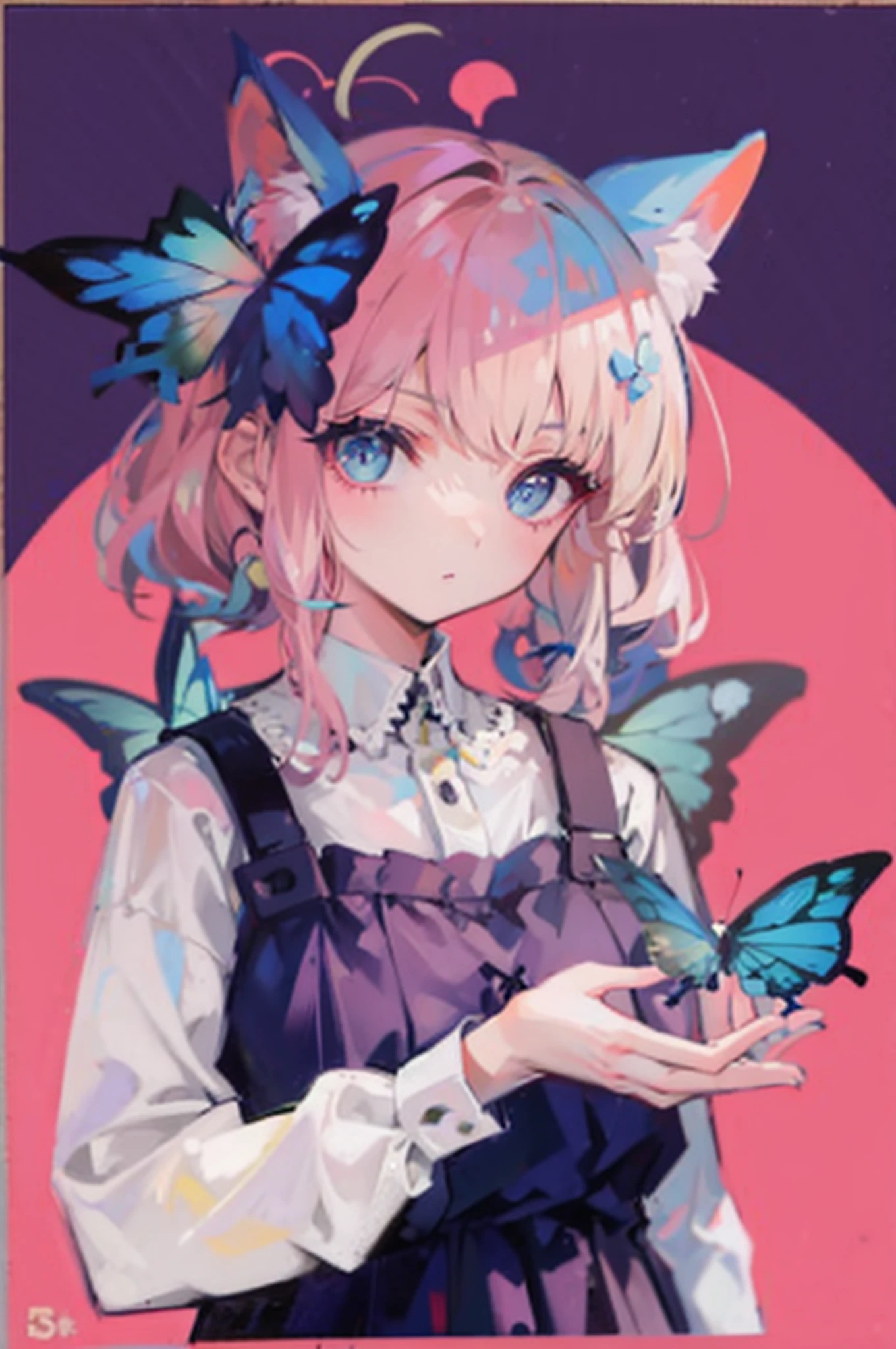 A pink-haired,big eyes girl,Blue butterfly hairpin,Butterfly magic