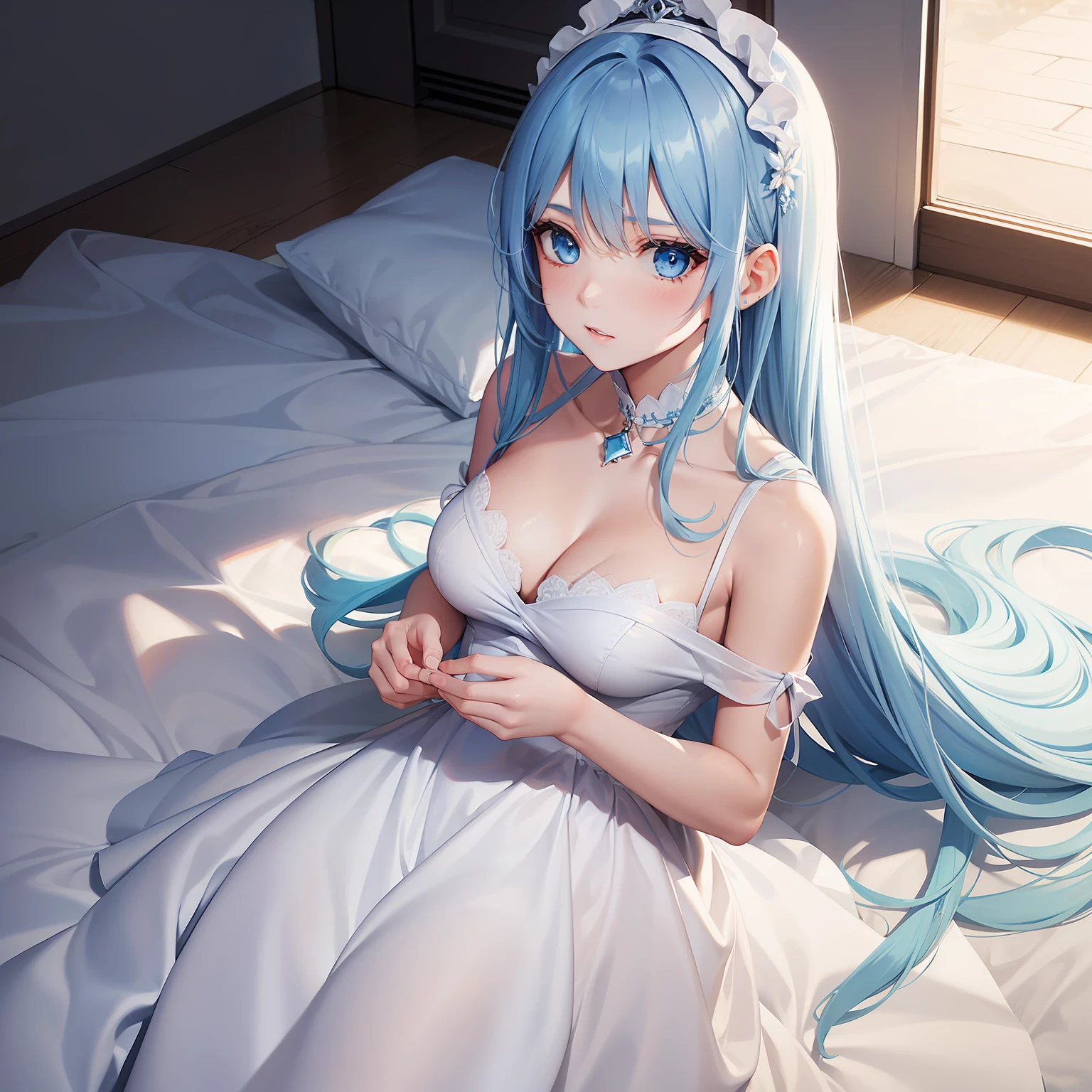 a women, blue hair, blue eyes, white dress