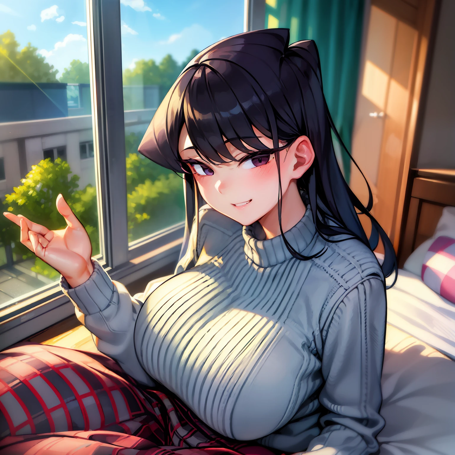 (komishuuko),beautiful,masterpiece, best quality, extremely detailed face,perfect lighting,smile,indoors,bedroom,window,beautiful backdrop,long sleeve sweater,denim pants,huge breasts,sunny,looking at viewer,(1girl:1.3)