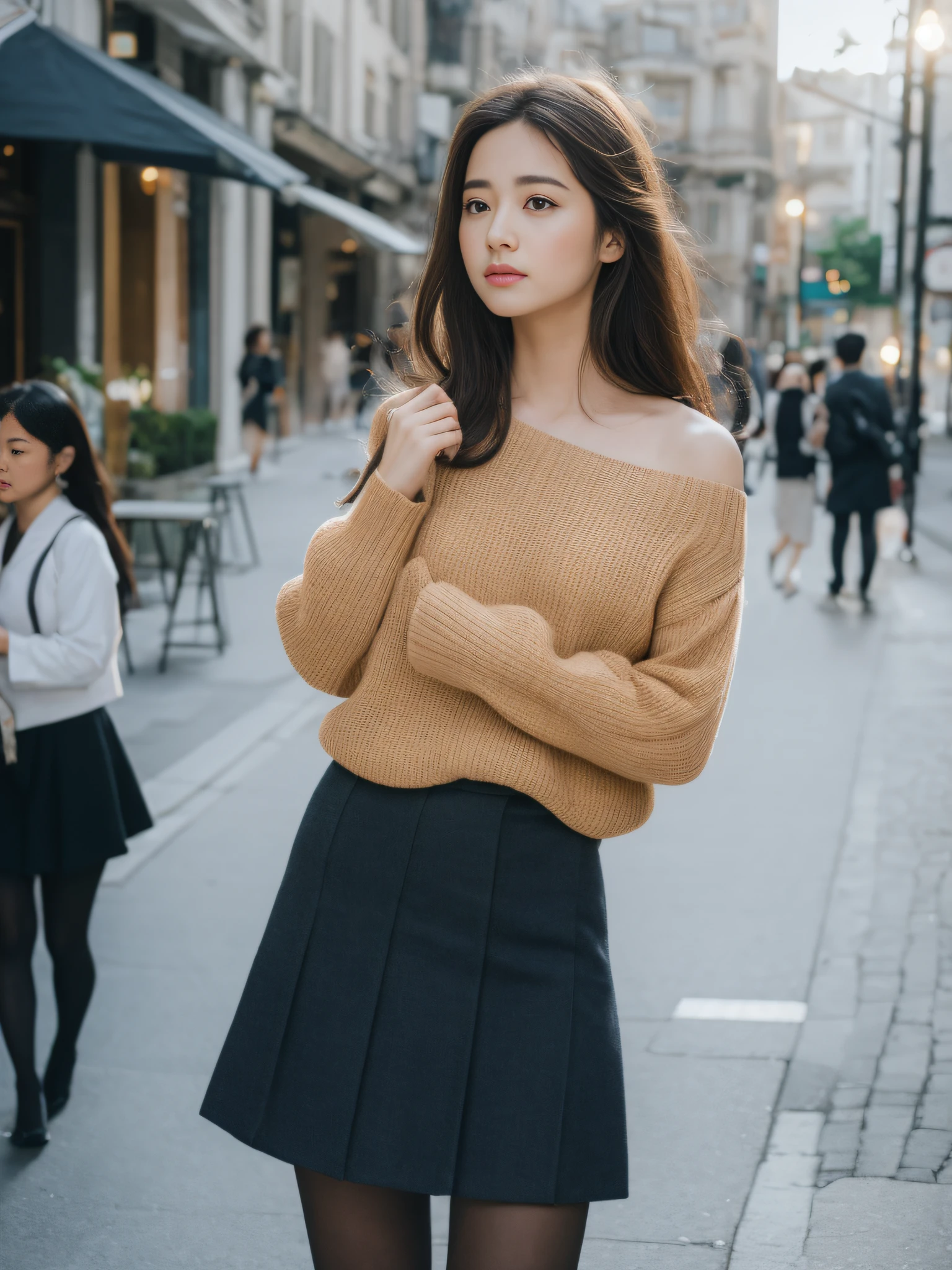 ,(RAW photo:1.2), (Photorealistic:1.4), Beautiful Meticulous Girl, very detailed eyes and faces, Beautiful detailed eyes, ultra - detailed, A high resolution, The is very detailed,best qualtiy,tmasterpiece,The shirt,a skirt,illustratio,The is very detailed,unified,8k 壁纸,finely detailled,tmasterpiece,best qualtiy,Unity8k wallpapers,light in face,cinmatic lighting, 1girll, ,(Camel toes),(full bodyesbian),are standing,an off-the-shoulder top,鎖骨,Bigchest,black short skirt,black lence stockings,high-heels,the street,城市