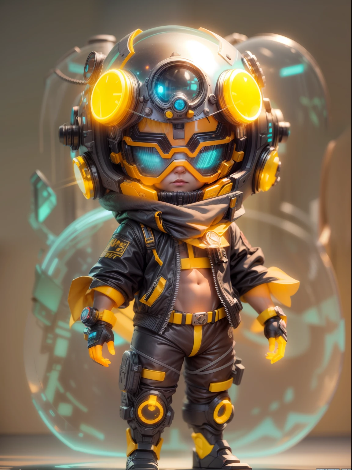 "(Blind box toy style:1.2),(Full body shot),Transparent cute male engineer,Exquisite facial armor：1.2，Delicate goggles：1.2，cyber punk perssonage,dreamy glow,Dirty,yellow backdrop,Neon style,circular base,(Global illumination,Ray traching,hdr,unreal render,reasonable design,high detal,Masterpiece,Best quality,hyper HD,Cinematic lighting)"