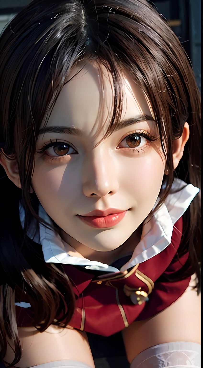 Black hair, (long hair), black eyes, (glowing eyes), (white thighhighs:1.2), orgasmic face, seduction, eroticism, seductive expression, black face, charming, blushing, shyness, shyness, shyness, disgust, disgust, (oversized), played badly,, make eyes at someone, ah-hey, comfortable, screaming, opening mouth, drooling, sexual spasms, White skin red, rosy face, sweat, wet body, color, alone, crying on the ground in a student uniform, duck sitting, desire dissatisfaction, loneliness, caress, sexual pleasure, enduring pleasure, erk off, A charming expression, (crying on the ground in a student uniform detail portrayal), (duck sitting detail depiction front), detail portrayal, bust (Masterpiece), (Close Up), ( Best Quality), Extremely detailed, (Close Up) Exquisite, Beautiful, (Close Up), (A Beautiful Girl), (Collar, Collar), (Detailed Pink Areolae Nail:, (delicate depiction of skin), (voluminous skin: 1.4), top-notch CG quality 8k wallpaper, realistic, master level, masterpiece, portrait, center, viewing lens, beautiful Chinese and Korean mixed blood idols, (ultra fine description of facial and facial details), (blushing face), lip biting makeup, sweet smile, perfect facial features, red eyes, blind bands+hair over one eye, (Ruby nail). fat_ Mons, cameltoe,