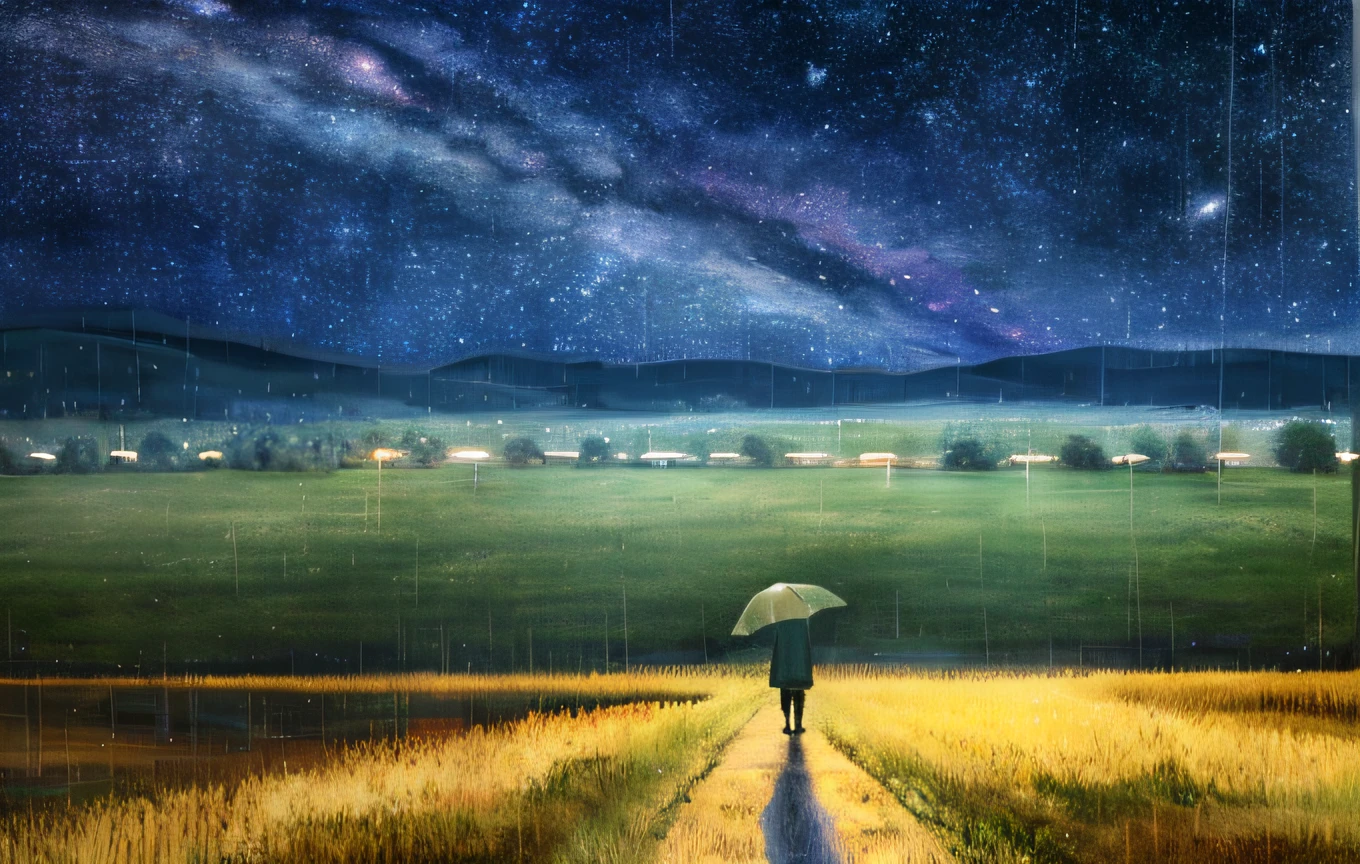 rainy days，starrysky，nighttime scene，Van Gogh style，vanishing point，best qualtiy，tmasterpiece，No Man，wide wide shot，atmospheric distance sense