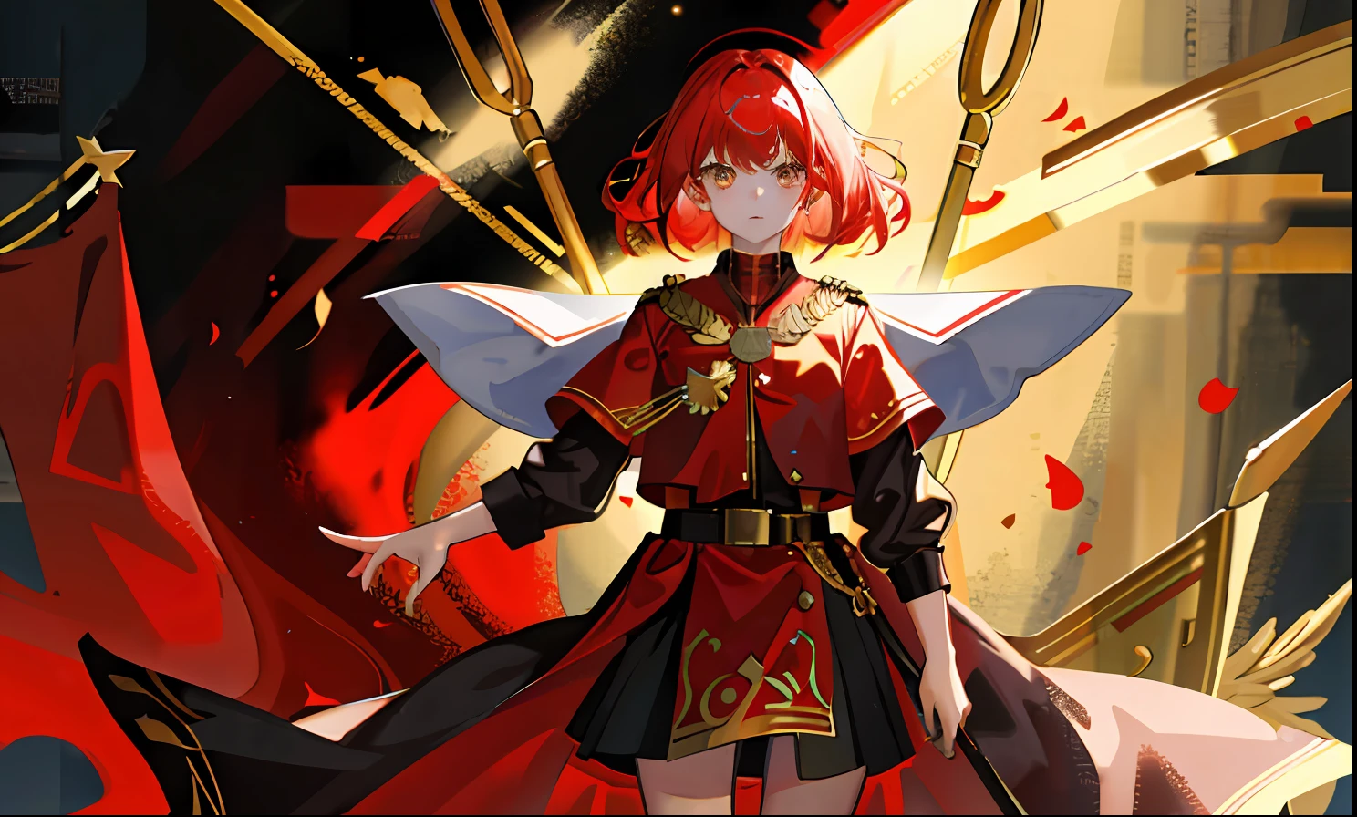 1girll, flag of Soviet Union,red tinted hair ,Golden eyes,Red Army robes,Gold accents,divino,gold light,Domineering,One hand crosses the waist,mighty