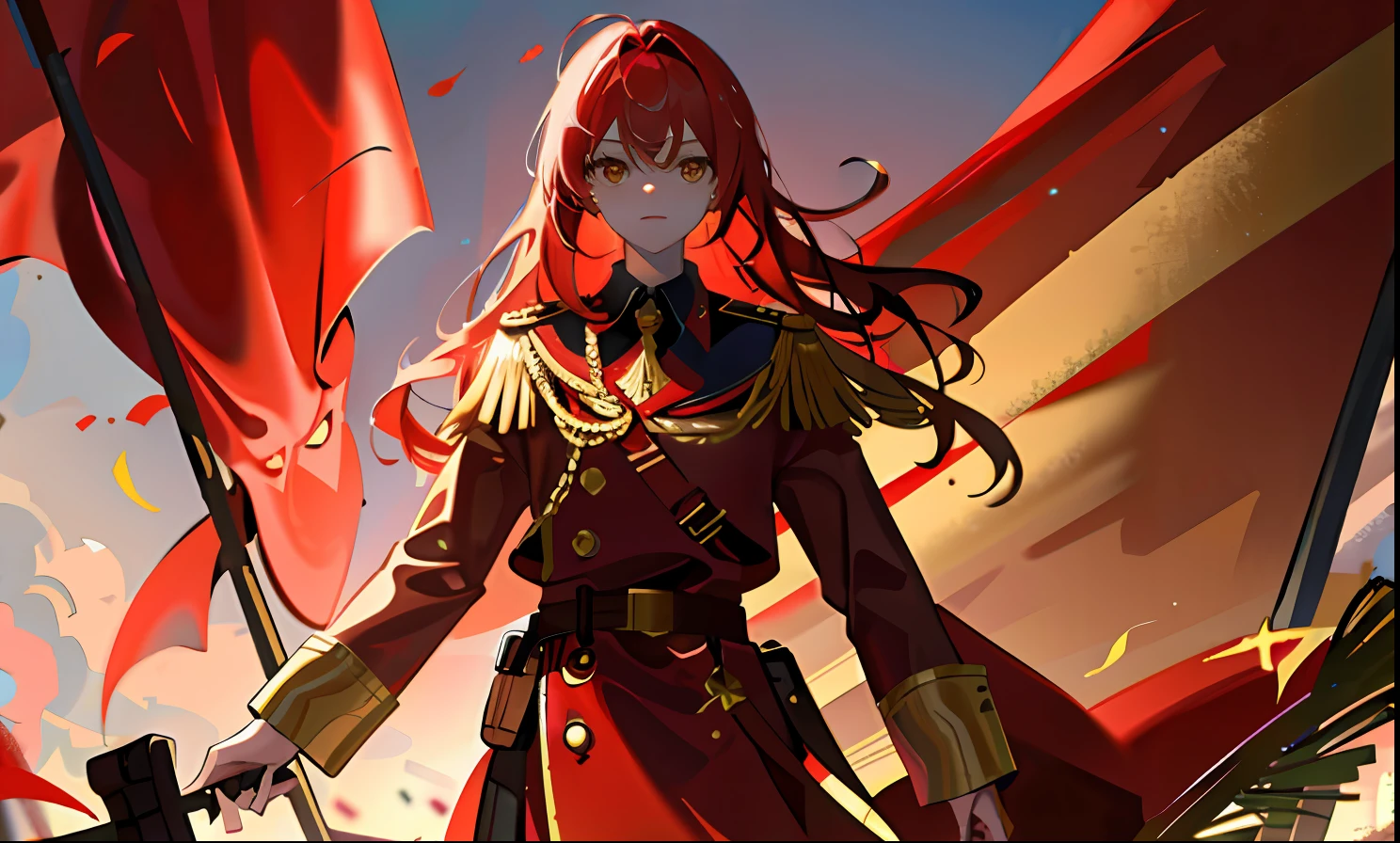 1girll, flag of Soviet Union，red tinted hair ，Golden eyes，Red Army robes，Gold accents，divino，gold light，Domineering，One hand crosses the waist，mighty