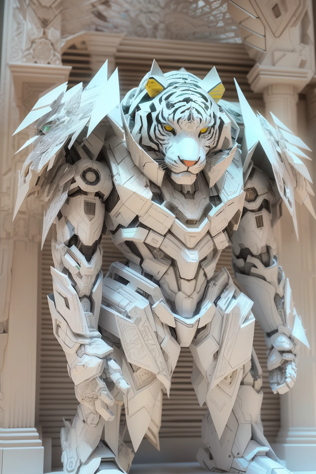 （Mecha White Tiger)，Human form，Stand on both feet，Full body like，short feet，Mechanical armor，White background，(paper art, Quilted paper art:1.2, geomerty:1.1, zentangle,a 3D render), (Extremely colorful, Best quality, high detal, Masterpiece, Cinematic lighting, 4K)