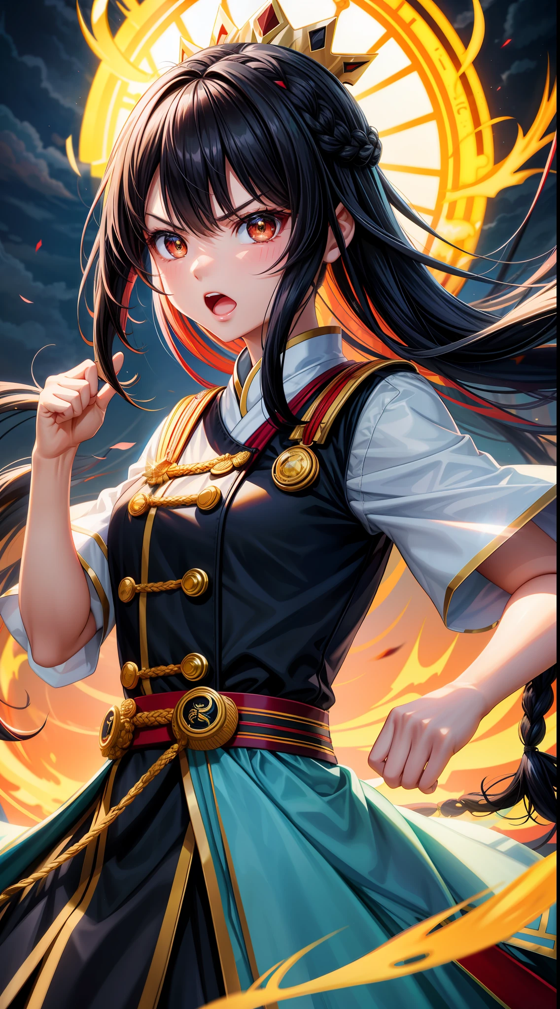 An Asian girl who is catching up, Lanzhou Yellow River Iron Bridge, the setting sun, Scattered clouds, streaked hair, black hair, french braid, side swept bangs, crown, kanzashi, mask removed, multicolored eyes, aqua eyes, open mouth, angry, angry, fume, anime style, raised fist, cinematic lighting, Fujicolor, projected inset, symmetry, lens flare, Sony FE, f/1.2, retina
