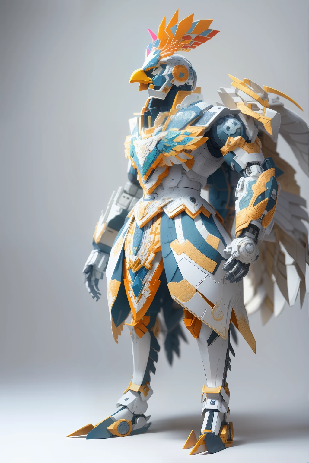 （Mecha rooster)，Human form，Stand on both feet，Full body like，short feet，Mechanical armor，White background，(paper art, Quilted paper art:1.2, geomerty:1.1, zentangle,a 3D render), (Extremely colorful, Best quality, high detal, Masterpiece, Cinematic lighting, 4K)