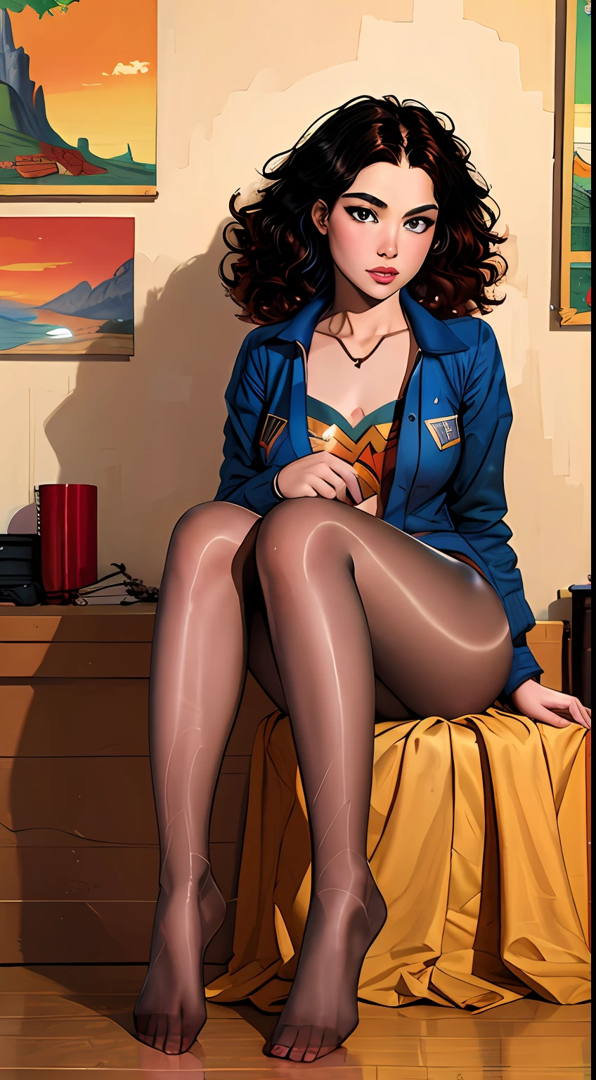 comics style, (((masterpiece))), full body view, feet in view, high resolution, gamer girl, nerd, 16 years old, beautiful, cute, shoe store, sitting, legs wide open, Wonder Woman cosplay, pantyhose, no shoes, fabric detail, curly dyed hair, (intricate fabric:1.1), photorealistic, UHD, HDR, very detailed, (trending on artstation:1.3), Rolling Stone shoot