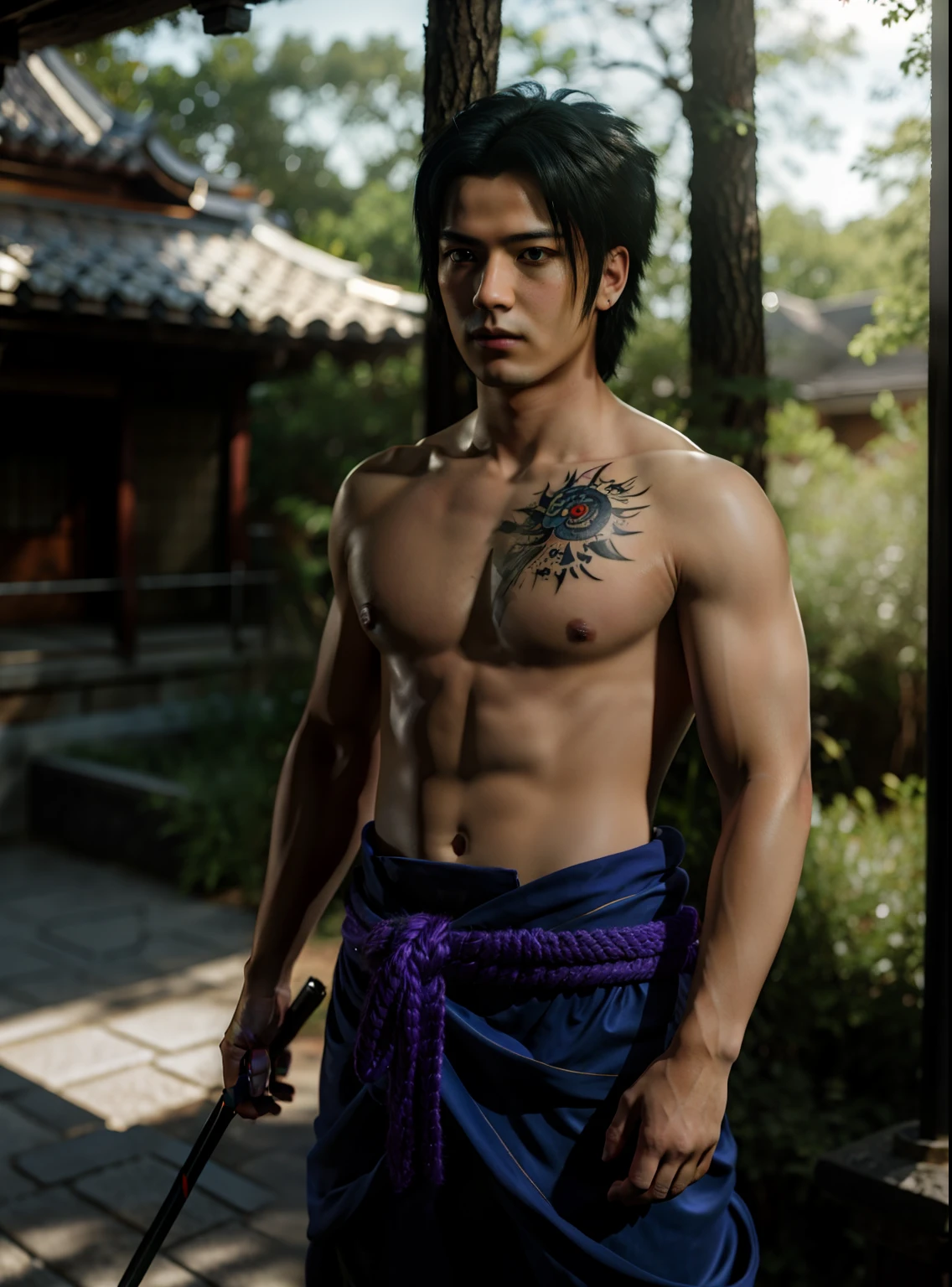 1boy, Sasuke, a man with a sword in his hand, purple skirt, wearing SSK_outfit, posing for a photo, exposed left shoulder, abdomen, tattoo, dynamic pose, (masterpiece:1.4),(best quality:1.4),(bright skin), realistic, background of east asian architecture, looking at the viewer, looking at the viewer, masterpiece, highly detailed, 8K, stunning, hdr, subsurface scattering,  global lighting, cinematic lighting, sunlight, realism, hyper-realistic, best quality, high resolution, (RAW photo: 1.2 ), (photorealistic:1.2),(masterpiece:1.4), illustration, art station, Alembert Oclusion, SSAO, Bokeh, Cinematic, Depth of Field, DOF, Vignette, Anti-Aliasing art by sakimichan , (sakimi-style:0.7), (nixeu_soft:0.2)