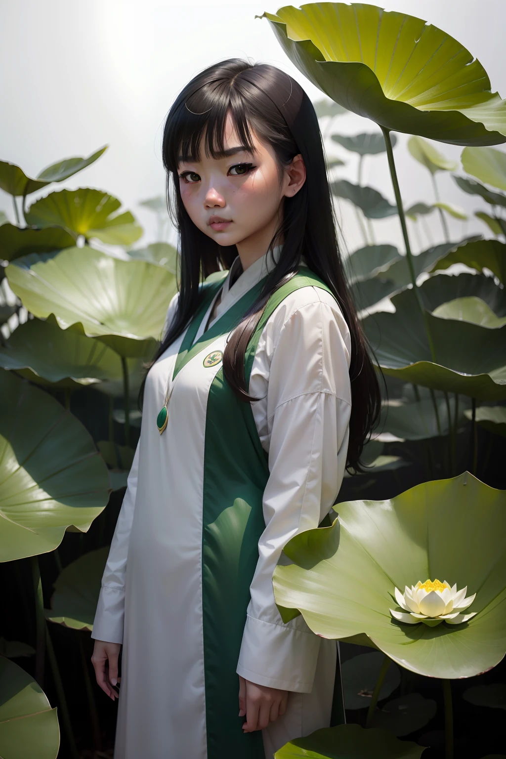A 25 year old Asian girl stands behind a lotus,big leaves of lotus on a white,background,light green and emerald green,CloseUp,CU,the leaves of lotus is a digital file with a clear overlay,elsa bleda,ueda fumito,green,environment alawareness,soft and rounded forms,color photography pioneer,hyper quality,8k