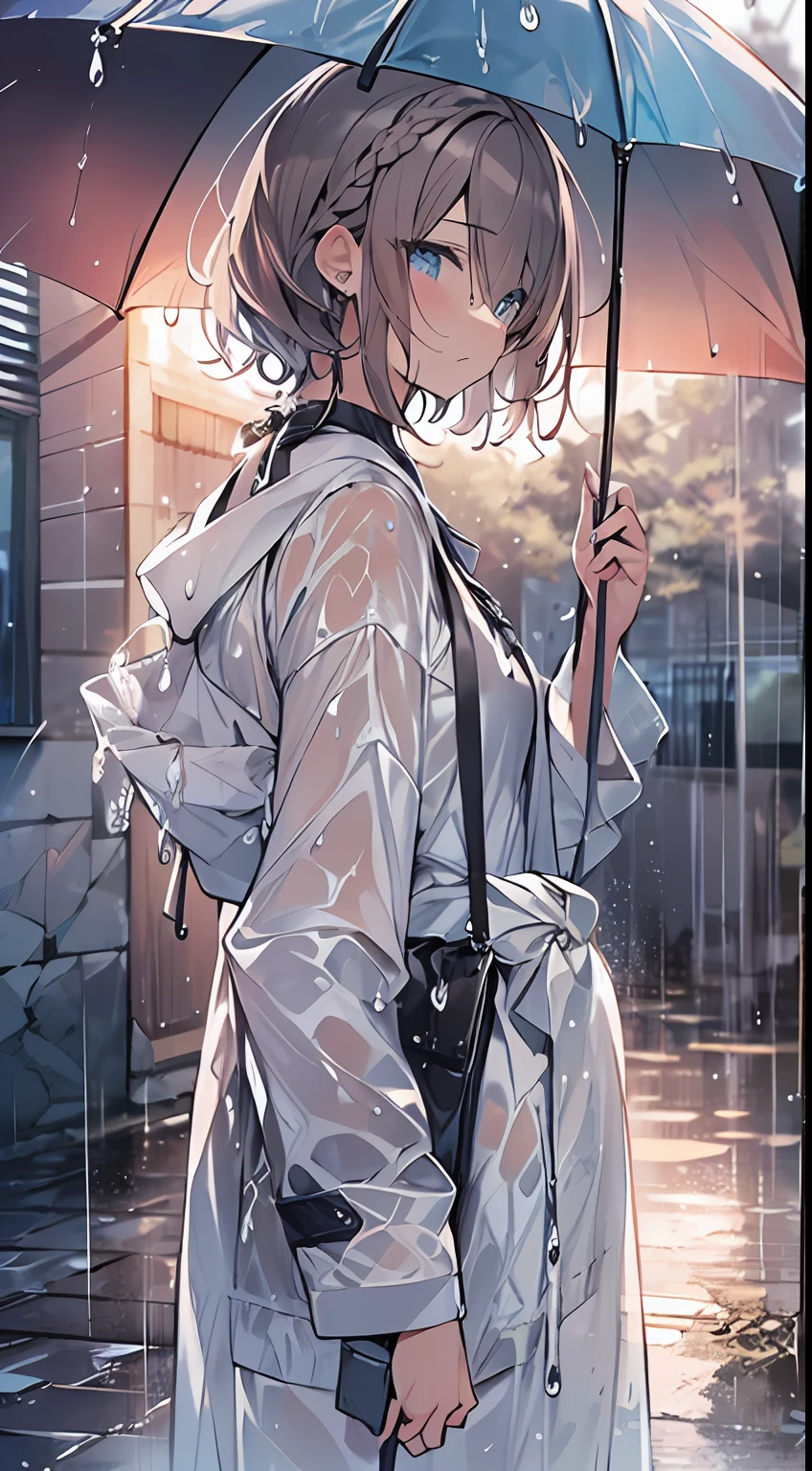 masutepiece, Best Quality,Illustration, Wallpaper, Ultra Detail, absurderes, 1girl in, Solo, (Medium short hair、short braided hair), Beautiful detailed eyes, rainfall、water dripping、wetting hair , Wet clothes, (Street:1.3), Cloudy sky、Hair that flutters in the wind、kirakira