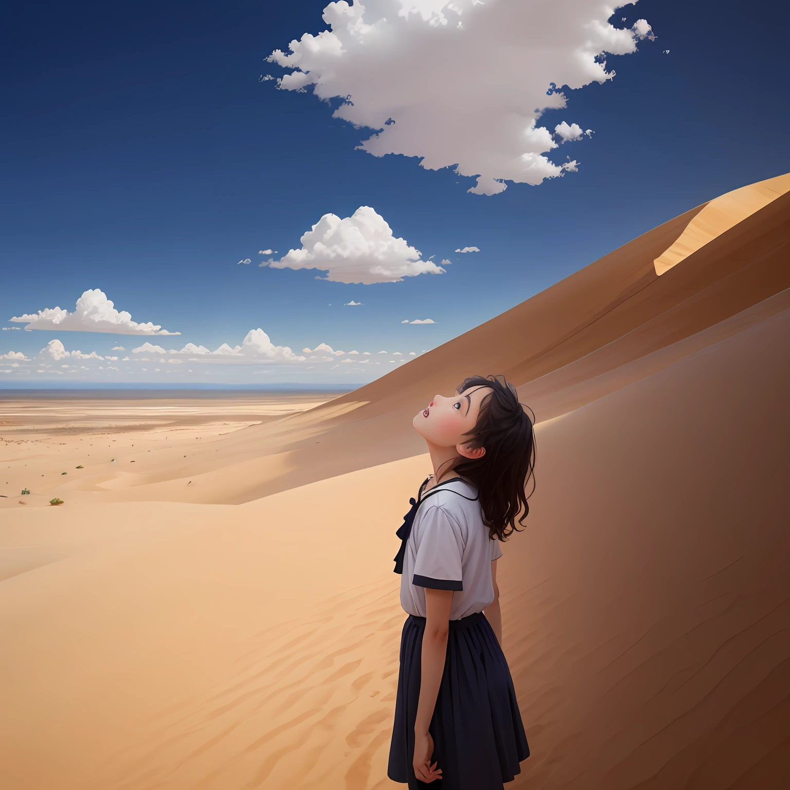 A desert,The girl looked up at the sky