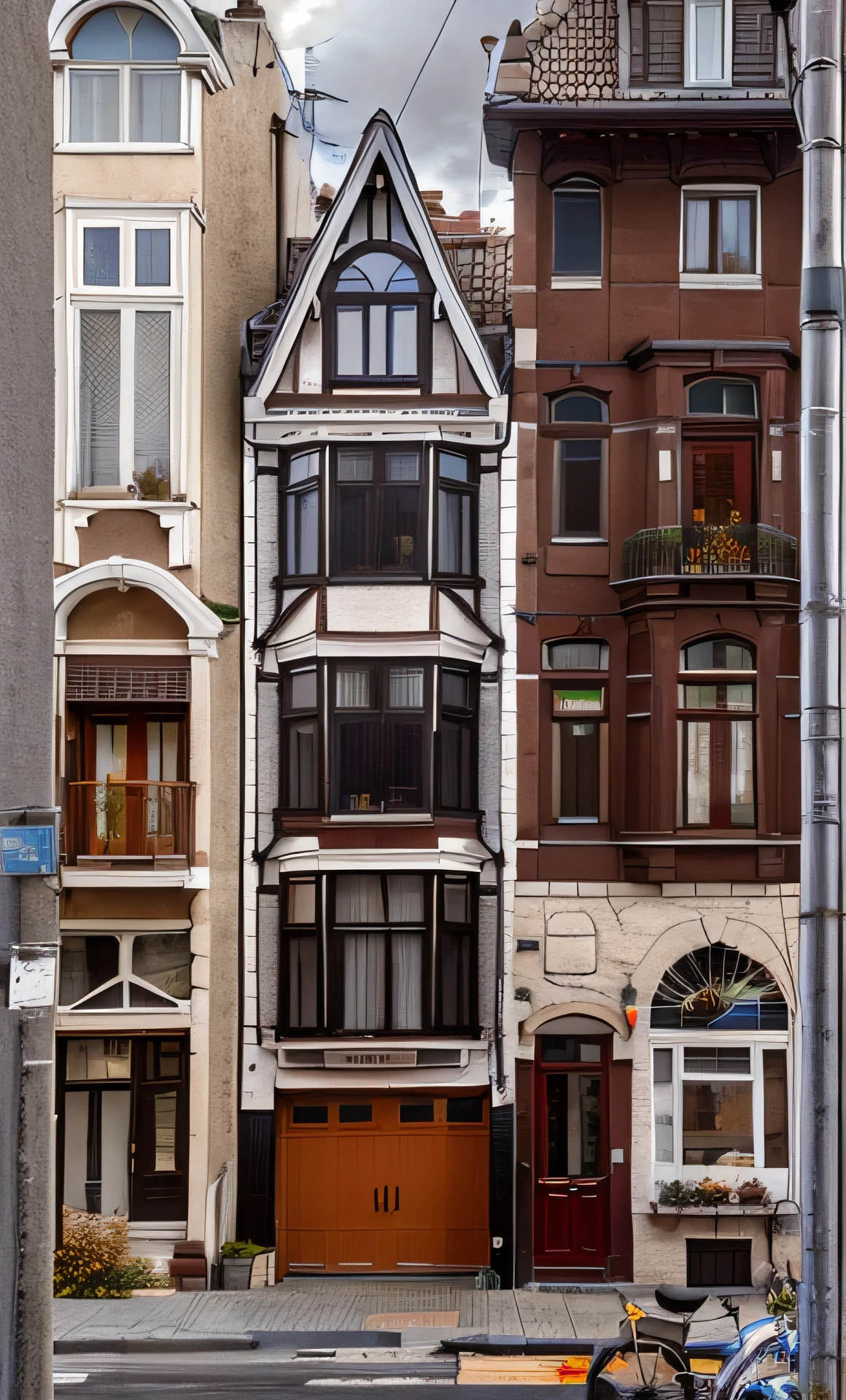 masterpiece, high quality, best quality, Porco Rosso, \(Porco Rosso\), city background, city, many houses, small street, street, narrow street, view from below, cloudy, very cloudy, no sun, evening, autumn, winter, gray houses, monotonous, monotonous houses, grayness, birches, bare birches, two-story houses, small houses, pavement