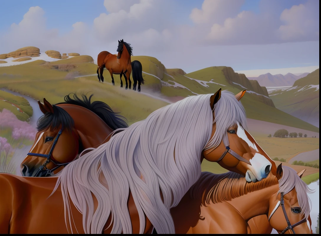 A vibrant, 64k resolution wall hanging of majestic ponies, (no humans), painted in the art style of Bev Doolittle with intricate details and a stunningly realistic finish photo quality to complement painting by Monett.