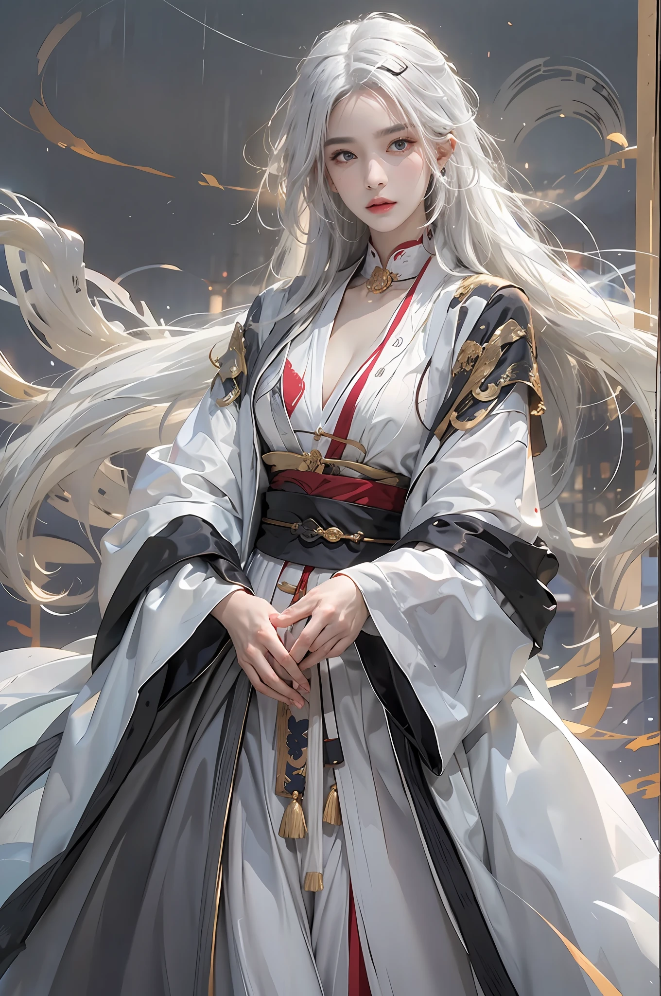 photorealistic, high resolution, 1women, solo, hips up, look at viewer, (detailed face), white hair, long hair, Taoist robe,oversized clothes, jewelry