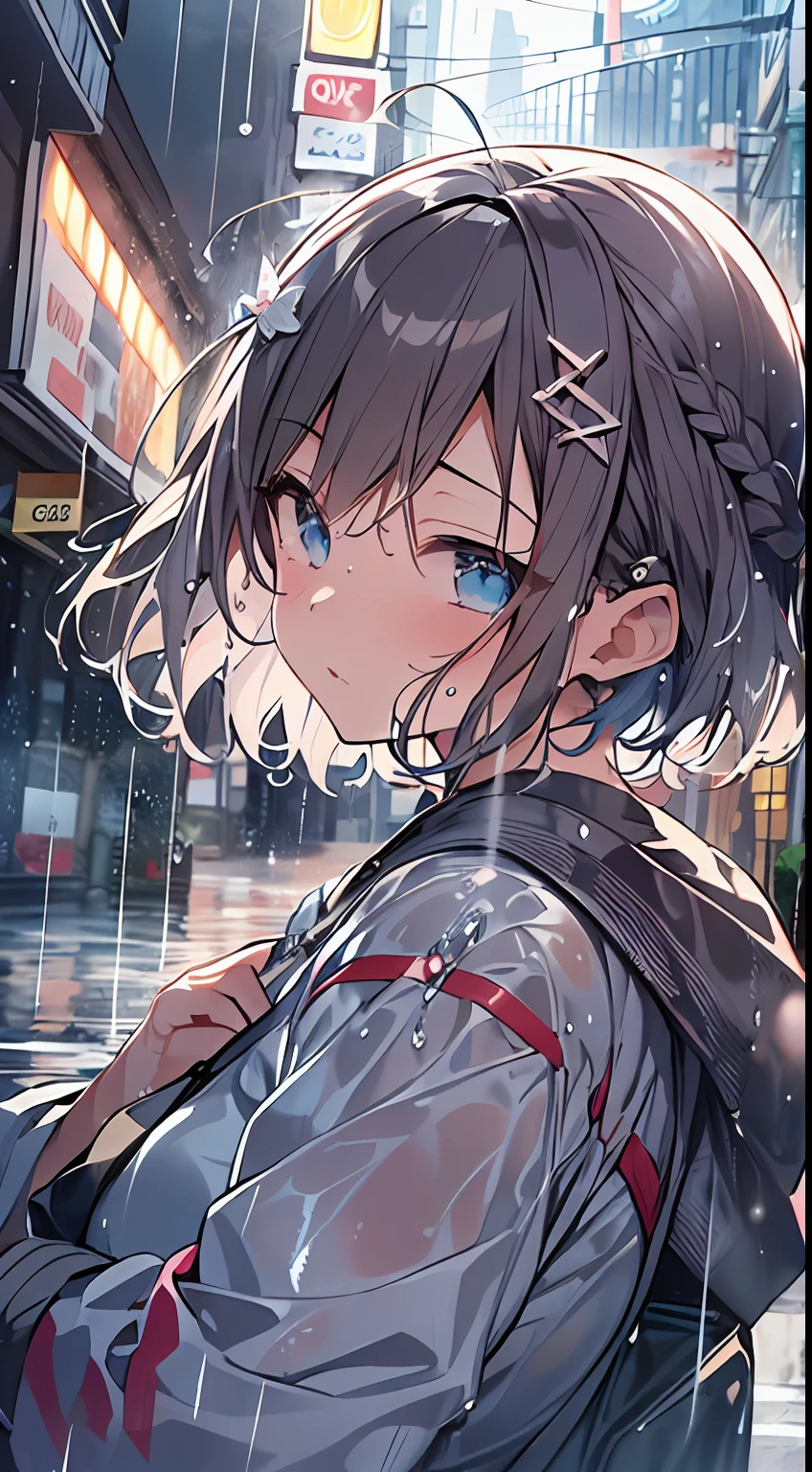 masutepiece, Best Quality,Illustration, Wallpaper, Ultra Detail, absurderes, 1girl in, Solo, (Medium short hair、short braided hair), Beautiful detailed eyes, rainfall、water dripping、wetting hair , Wet clothes, (Street:1.3), Cloudy sky、Hair that flutters in the wind、kirakira