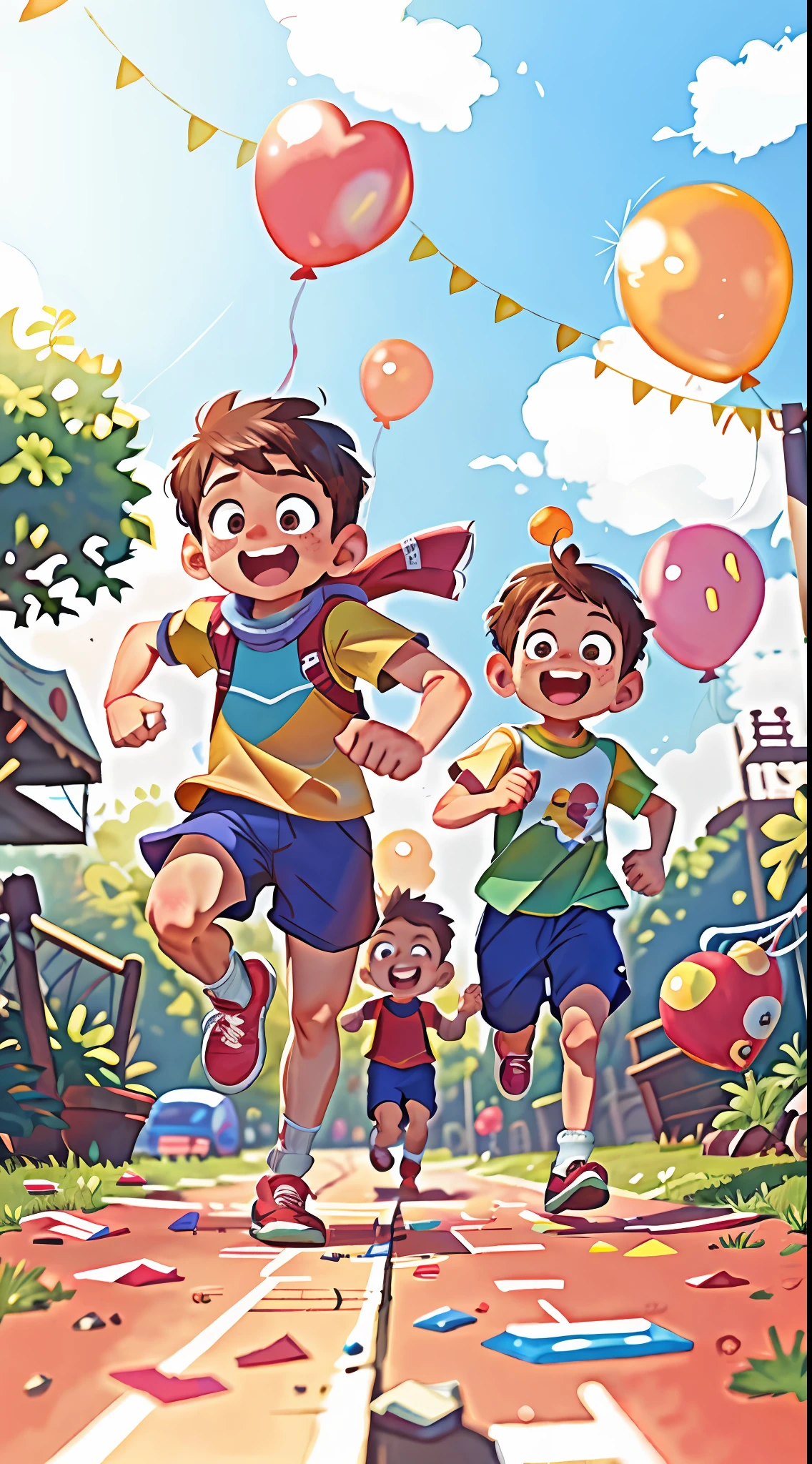 Two running boys, amusement park, holding balloons, happy, happy, perfect quality, clear focus (clutter - home: 0.8), (masterpiece: 1.2) (Realistic: 1.2) (Bokeh) (Best quality) (Detailed skin: 1.3) (Intricate details) (8K) (Detail Eyes) (Sharp Focus), (Happy)