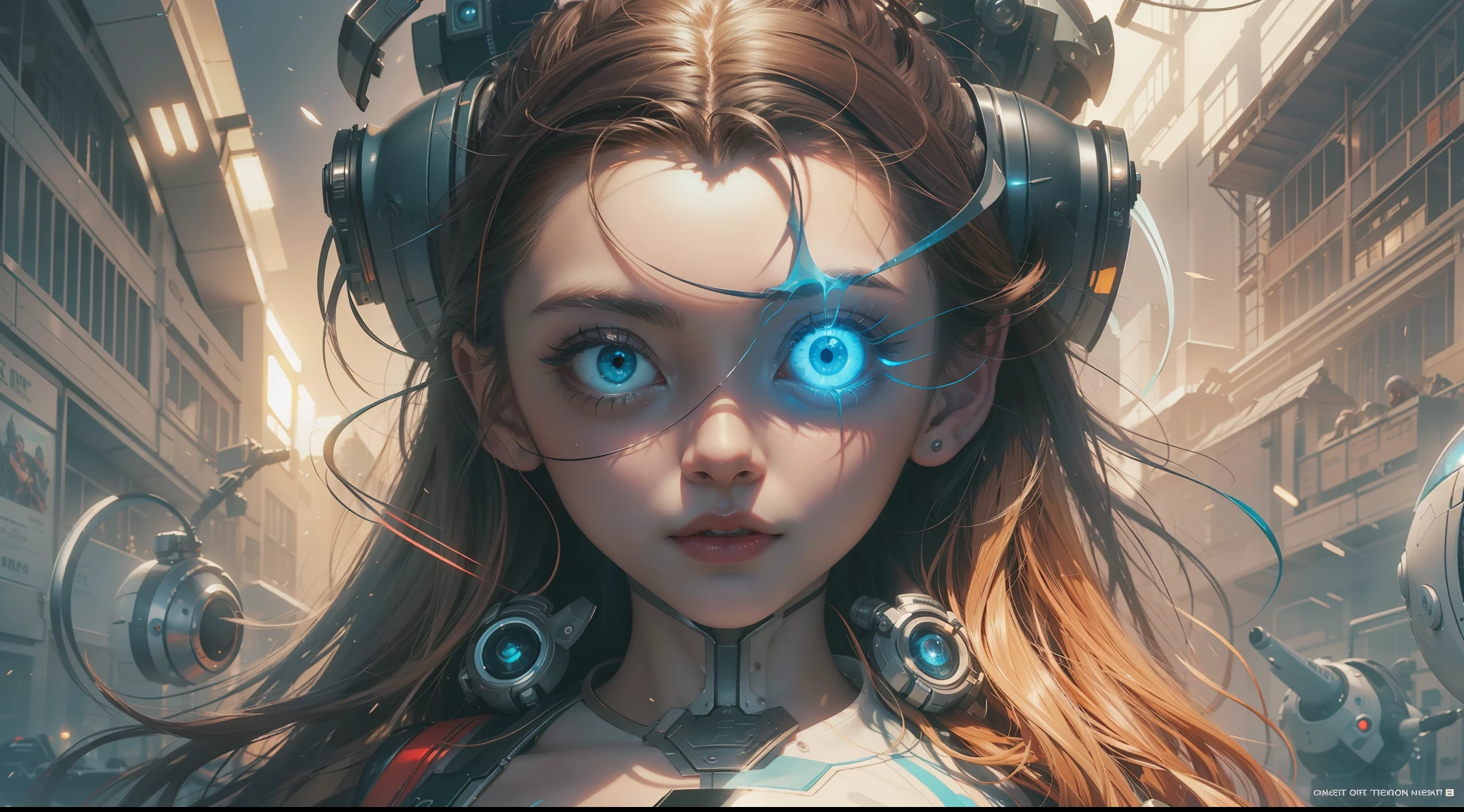（best qualtiy，ultra - detailed，Best Illustration，Best shadow，masterpiece，A high resolution，professionalartwork，famous artwork），sci-fi，It depicts a young couple wearing colored sclera and a huge alien big cute with robot eyes， by Makoto Shinkai，by Artgerm，by wlop，by Greg Rutkowski，Volumetric lighting，octane render，4K，Trending on ArtStation，masterpiece