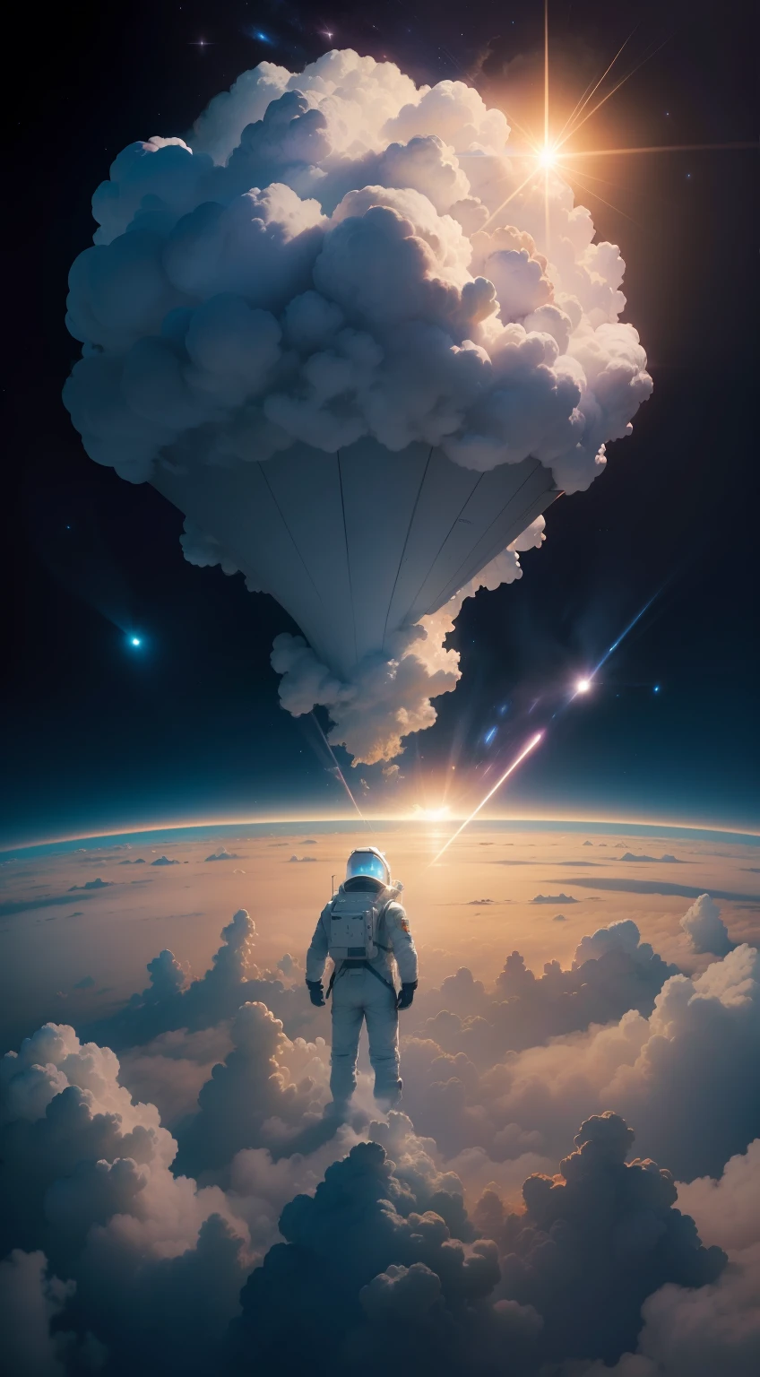 Spaceship,Sea of clouds,Clouds,Scattered throughout the universe,Several astronauts in spacesuits floated in the air;
outside,Skysky;
In the daytime,Sunnyday,There is the sun;
strong contrast between light and dark,over distances,wide angles;
hyper HD,A high resolution,high detal;
Realism is a style of painting;