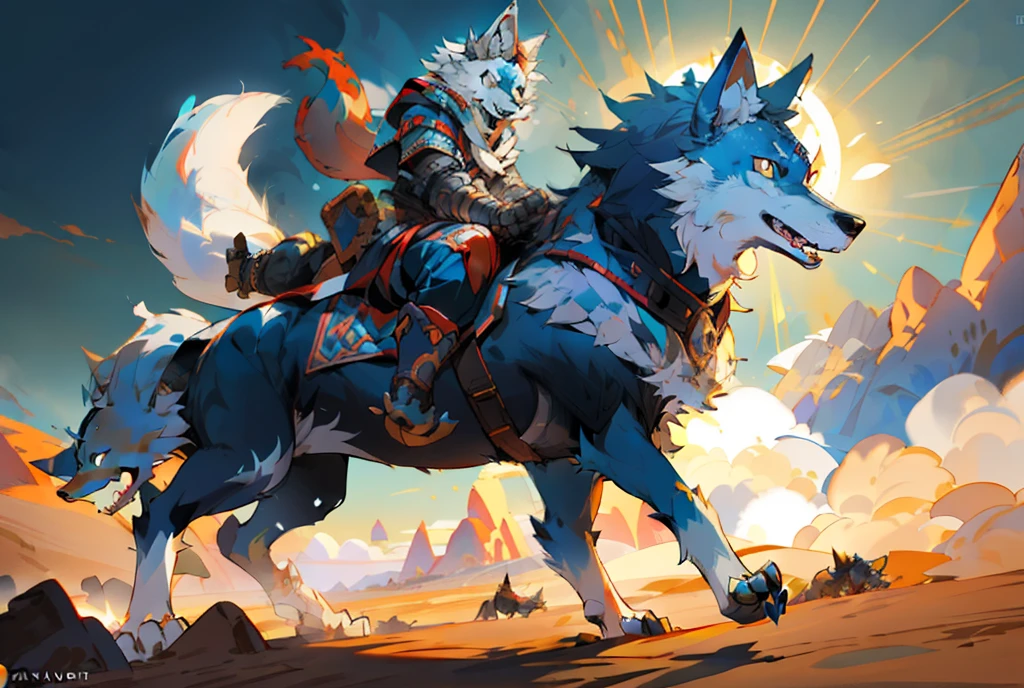 araffe riding a horse with a rider on it in a desert, riding a giant silver wolf, furry fantasy art, epic legends game icon, wolf armor, husky in shiny armor, anthro art, epic fantasy style art, epic fantasy art style, wolf companion, fantasy hearthstone art style, angiewolf, world of warcraft art style, anthropomorphic wolf