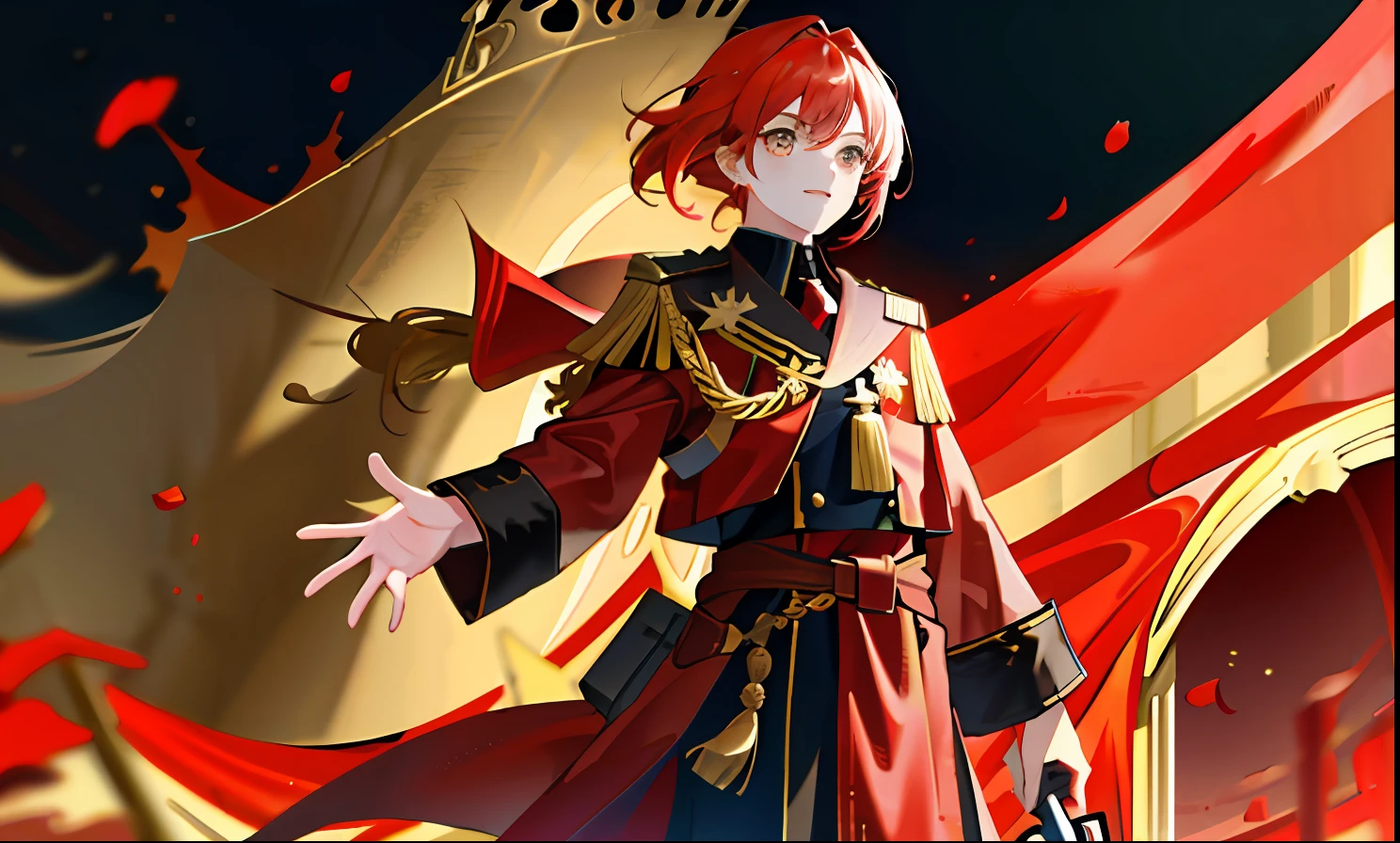 1girll, flag of Soviet Union,red tinted hair ,Golden eyes,Red Army robes,Gold accents,divino,gold light,Domineering,One hand crosses the waist,Mighty