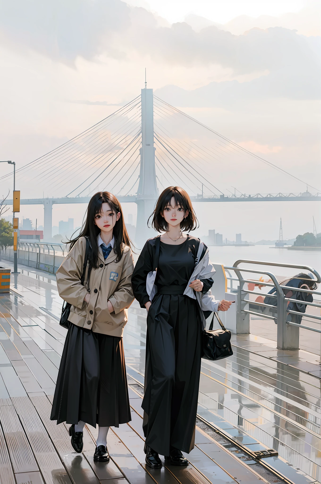 One woman and one man，They are two students，in school uniform，desolation，rained，Around the school，The tree is on the side of the road，The water pod reflected the two people，Reflectors，A rainbow is in the sky，Polar opposition，对称，in a panoramic view，ssee-through，Ray traching，reflective light，depth of fields，closeup cleavage，tmasterpiece，best qualtiy，high detal，high high quality，ctextured skin， ccurate， UHD， HD,
