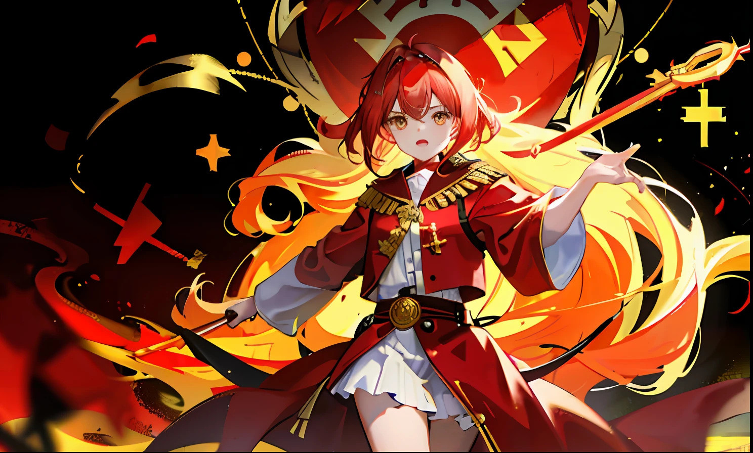 1girll, flag of Soviet Union，red tinted hair ，Golden eyes，Red Army robes，Gold accents，divino，gold light，Domineering，One hand crosses the waist，Mighty