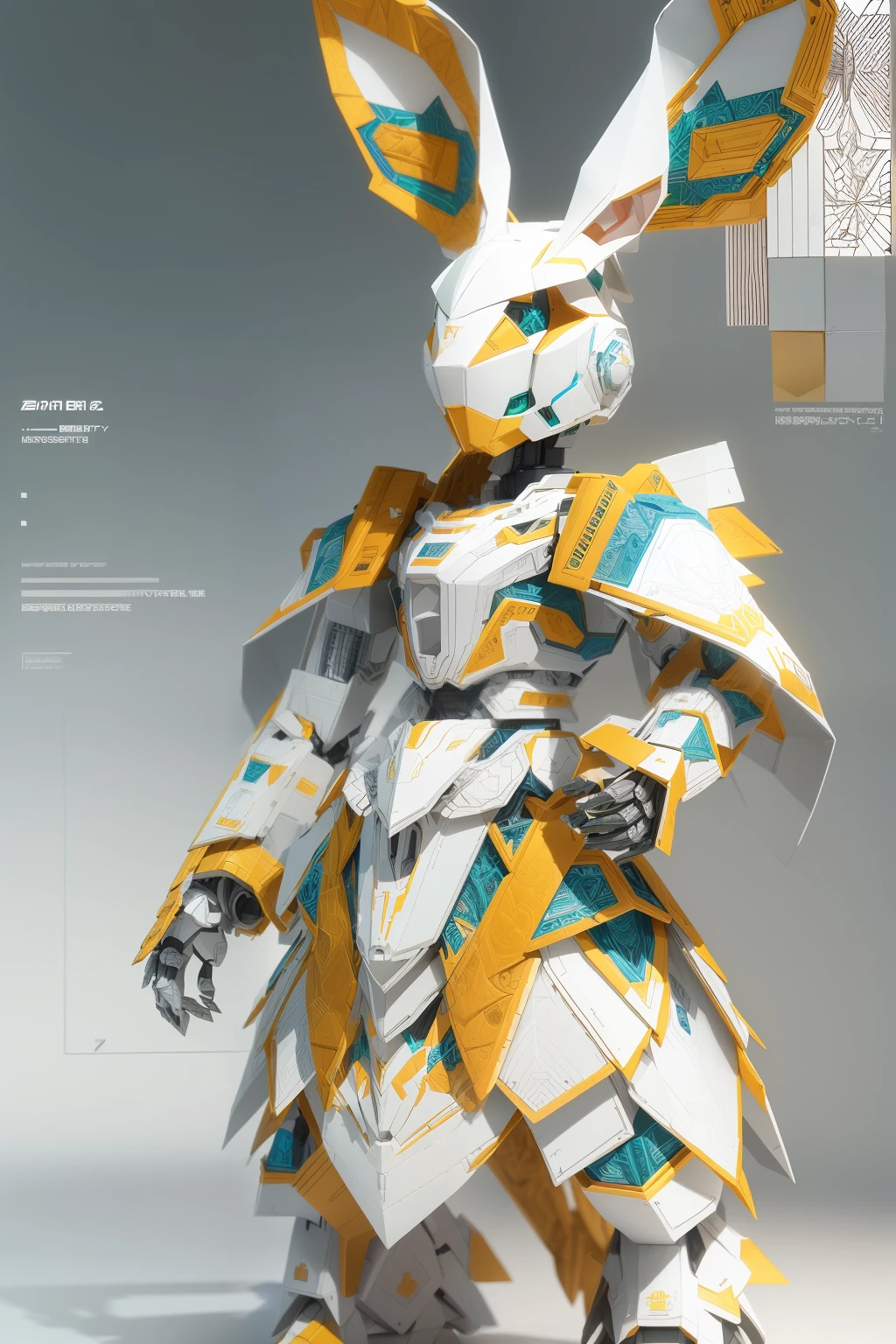 (Mecha long-eared rabbit),Human form,Stand on both feet,Full body like,short feet,Mechanical armor,White background,(paper art, Quilted paper art:1.2, geomerty:1.1, zentangle,a 3D render), (Extremely colorful, Best quality, high detal, Masterpiece, Cinematic lighting, 4K)